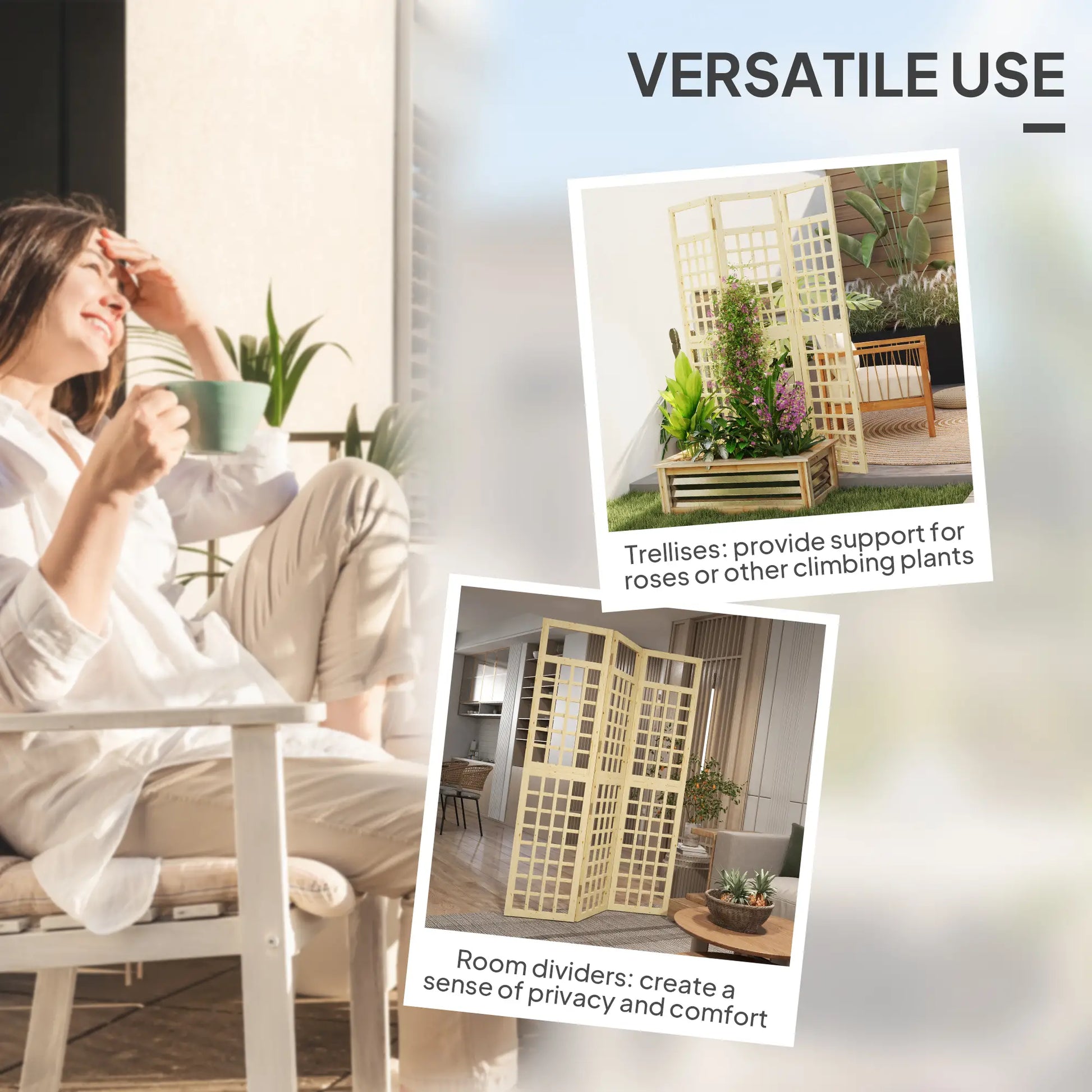 3 Panel Outdoor Wood Privacy Screen, Folding Room Divider, 47.2" x 66.9", Natural Wood Side Awnings at Gallery Canada