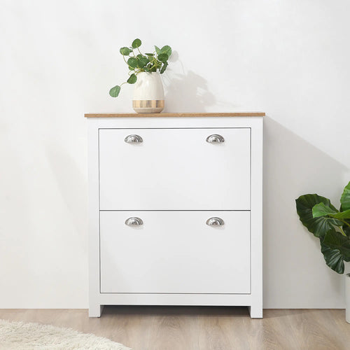 Entryway Shoe Cabinet, 2 Flip Drawers, Adjustable Shelves, 12 Pair, White