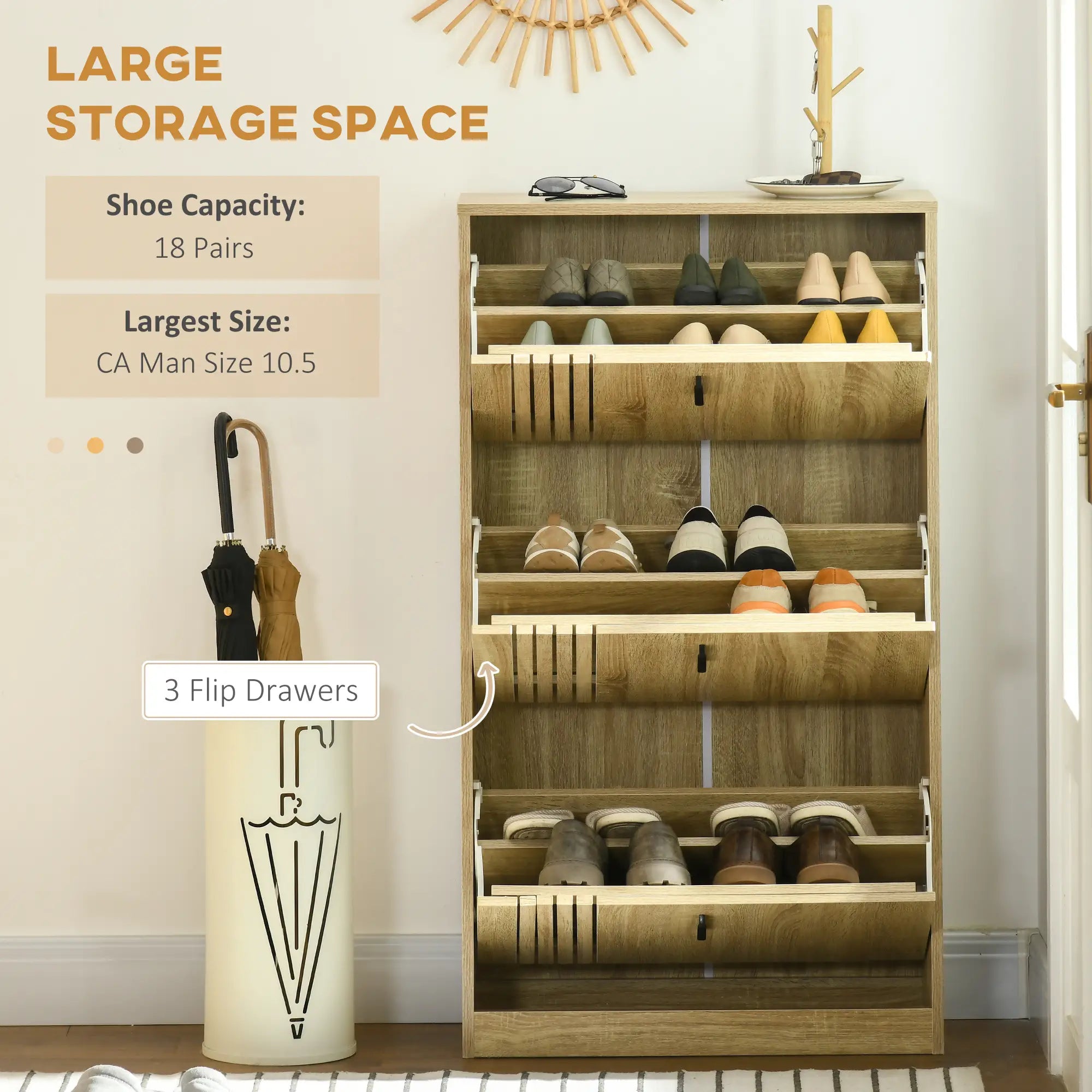 Shoe Storage Cabinet, 18 Pairs, 3 Flip Drawers, Adjustable Shelves, Oak Shoe Storage Cabinets & Racks at Gallery Canada