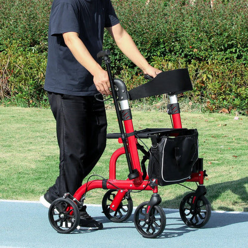 Rollator Walker, 8'' Wheels, Padded Seat, Backrest, Storage Bag, Red