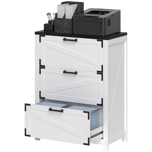 3 Drawer Filing Cabinet, Farmhouse Office Storage, Adjustable Hanging Bars, Letter, A4, Legal Size, White