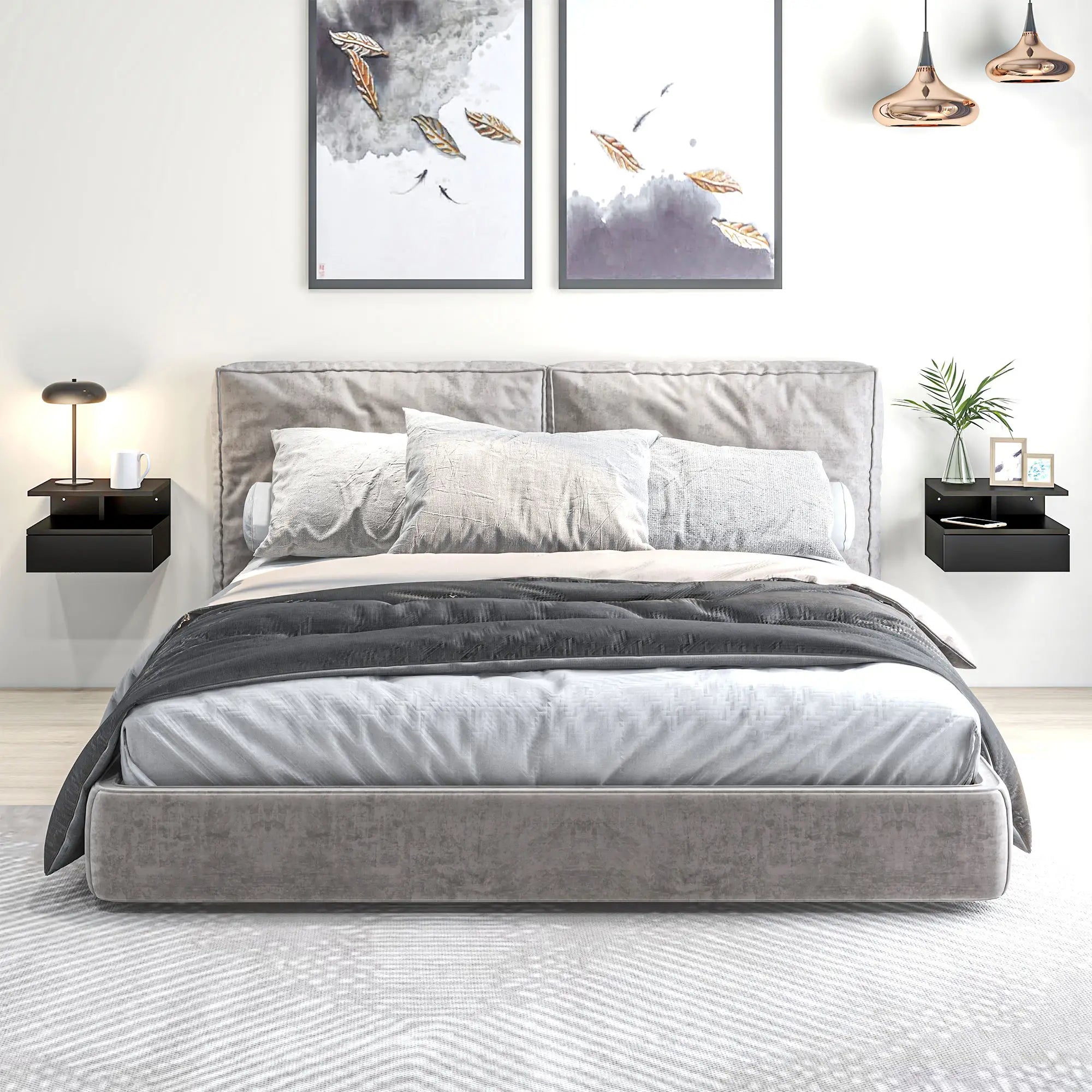 Floating Nightstand Set of 2, Wall Mounted with Drawer and Shelf, Black Bedside Tables at Gallery Canada