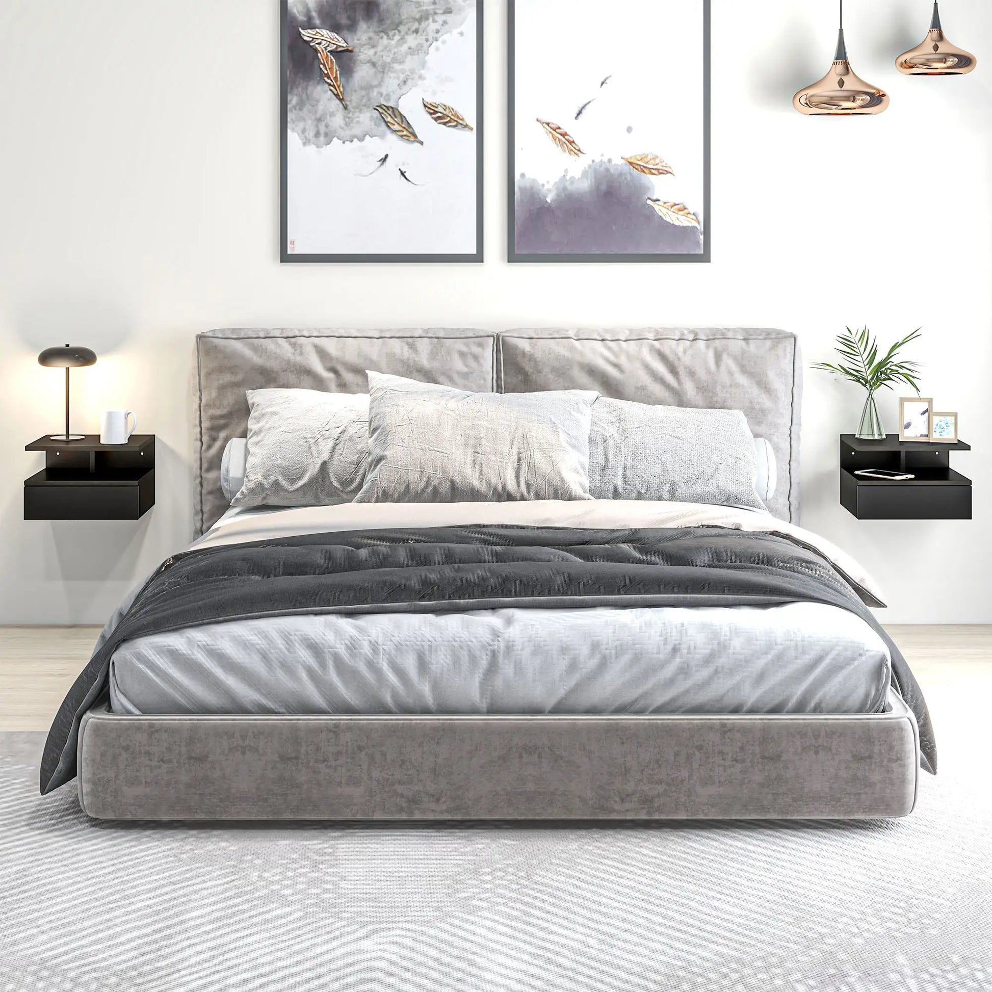 Floating Nightstand Set of 2, Wall Mounted with Drawer and Shelf, Black Bedside Tables at Gallery Canada