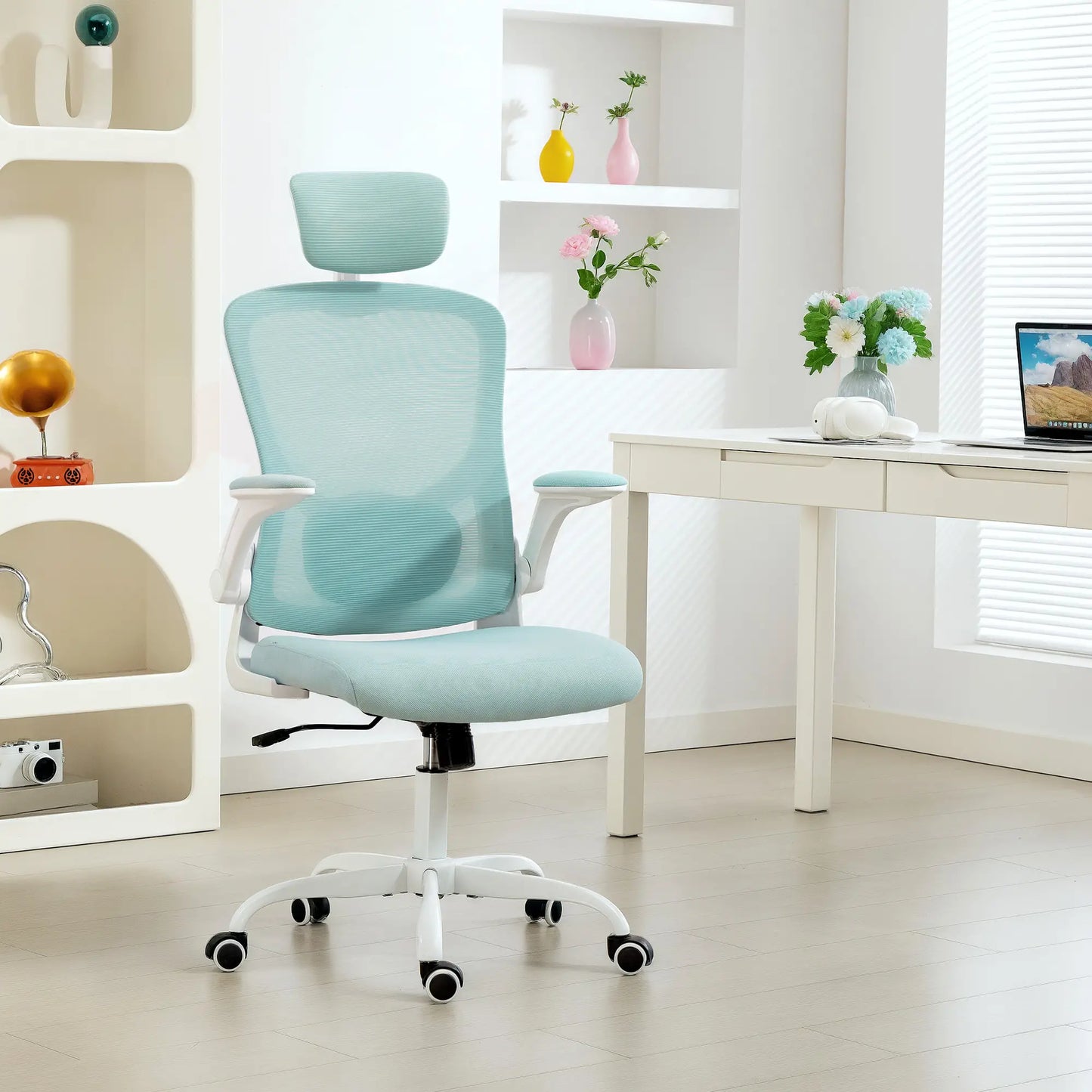 Ergonomic Office Chair, Mesh Desk Chair, Adjustable Headrest, Lumbar Support, Light Green Task Chairs at Gallery Canada