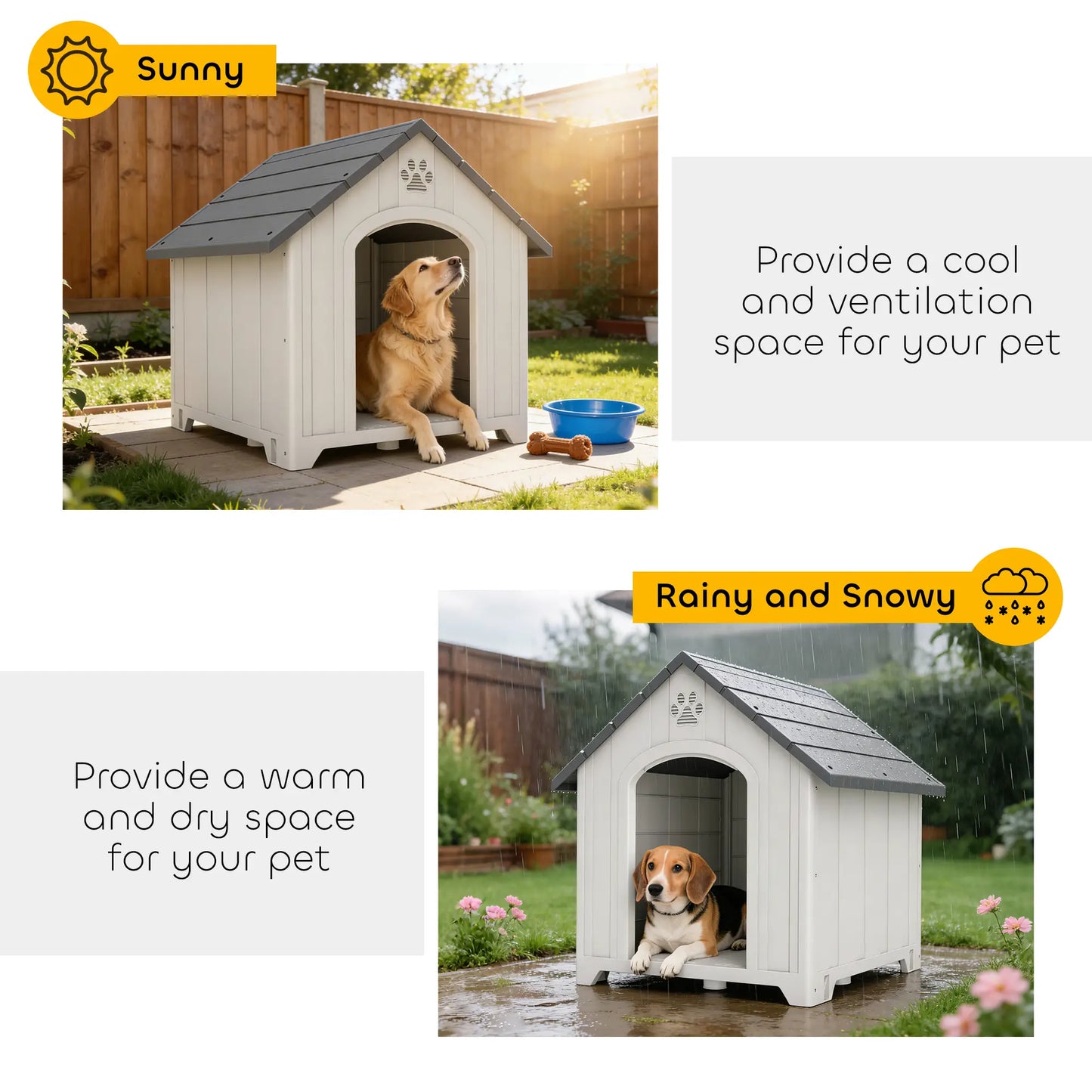 Large Plastic Dog House Outdoor Indoor, Water Resistant Puppy Shelter with Base Support, 34.6" L x 31.1" W x 35" H