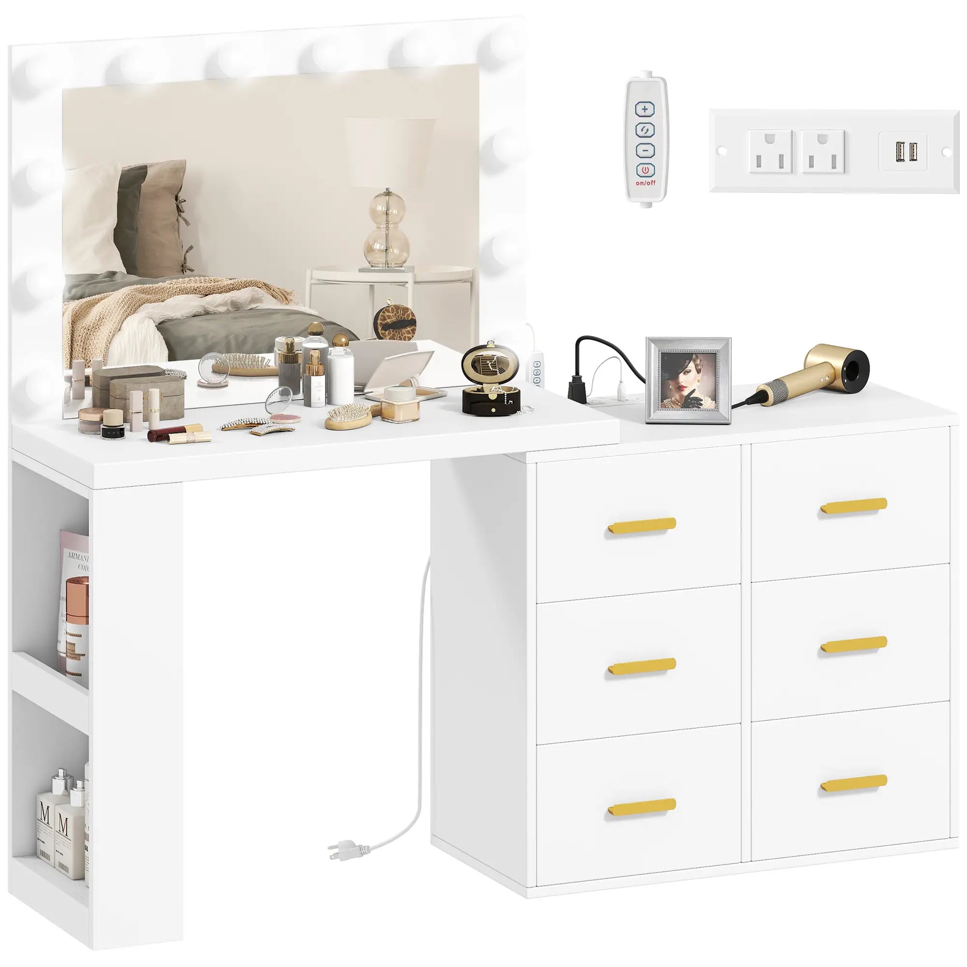 Vanity Desk with Mirror, LED Lights, Power Outlet, White Dressing & Vanity Tables White at Gallery Canada