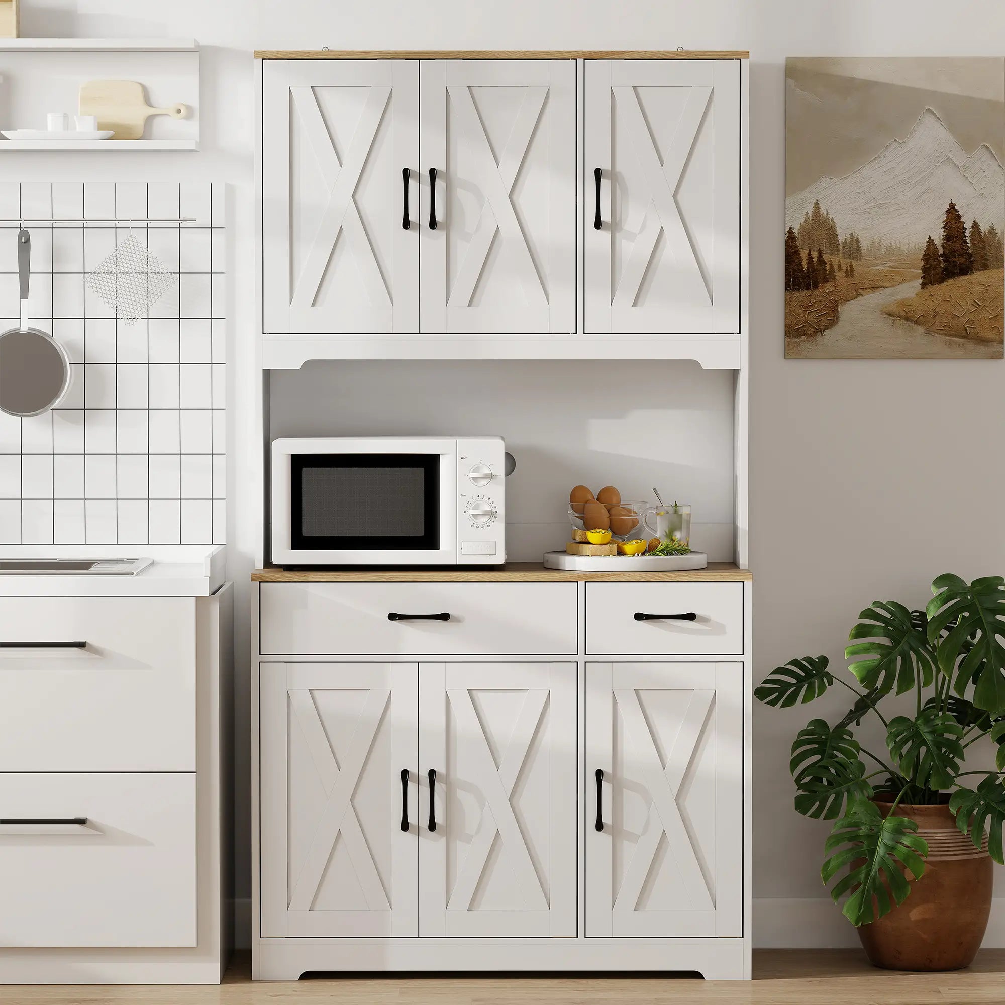 Tall Kitchen Pantry, 6 Doors, 2 Drawers, Adjustable Shelves, White Kitchen Pantry Cabinets at Gallery Canada