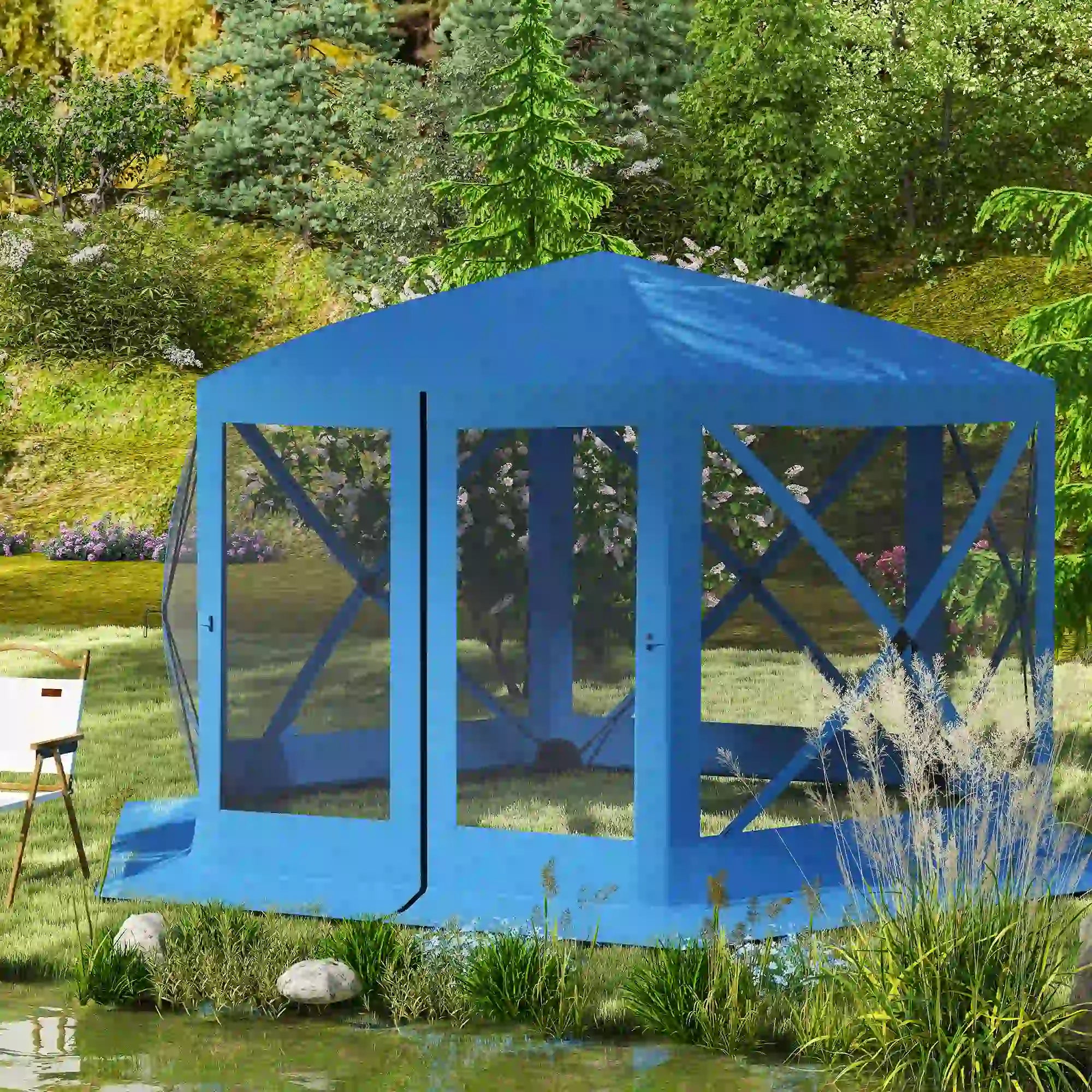 12' x 12' Hexagon Pop Up Screen Tent, Camping Shelter With Mesh Sidewalls, Carry Bag, Blue Pop Up Canopies at Gallery Canada