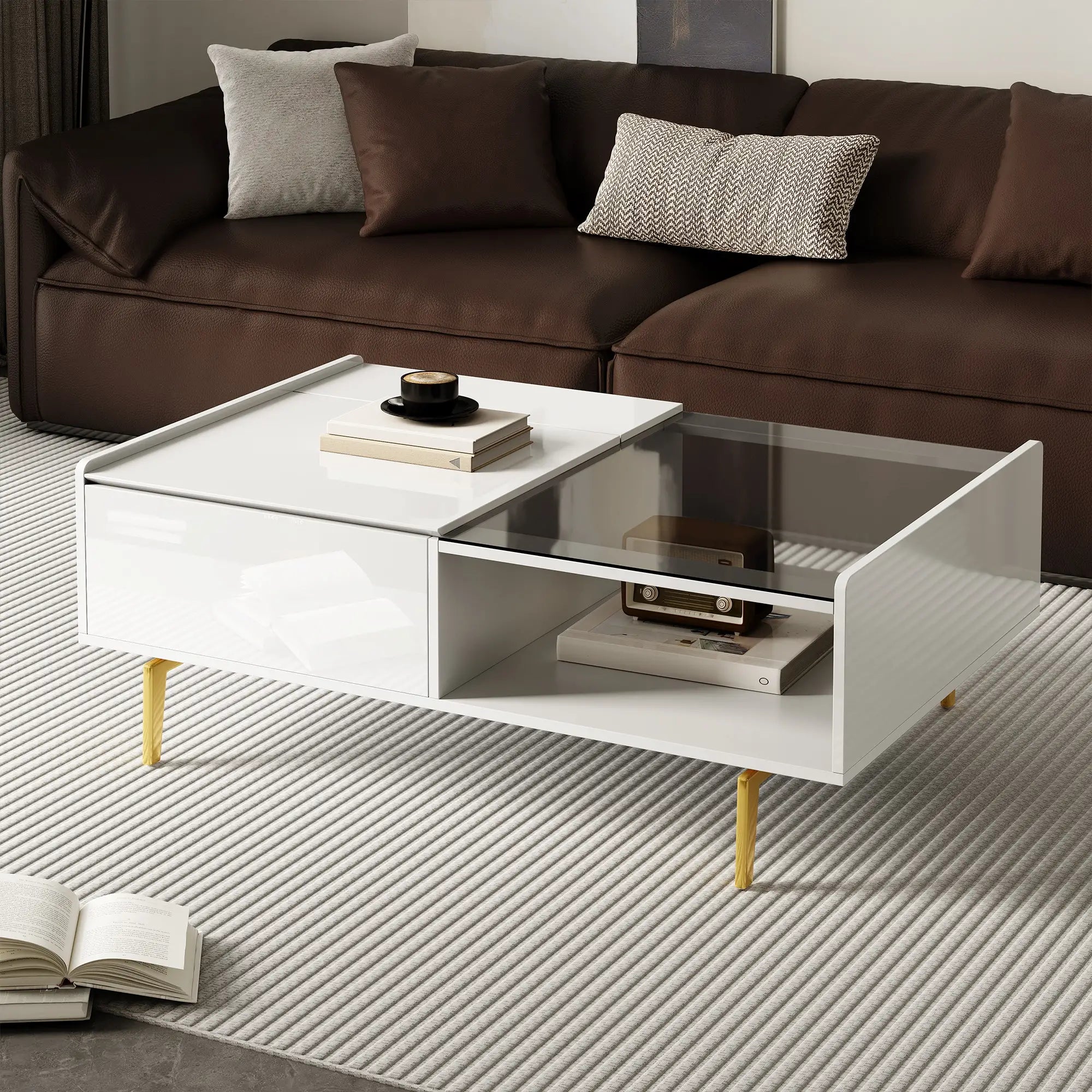 LED Coffee Table, Glass Top with Storage, 43.5