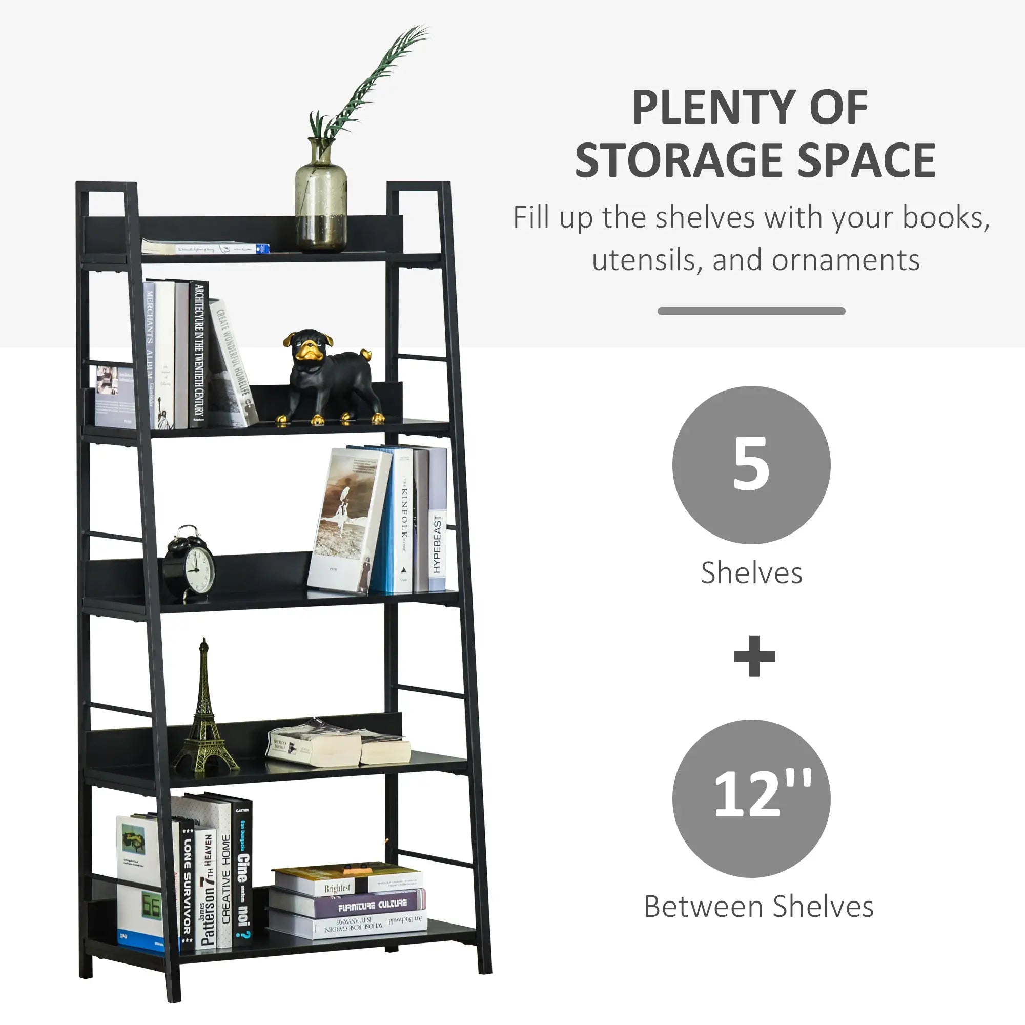 5-Tier Bookshelf, Metal Frame, Wooden Shelves, Living Room Furniture, Black Display Bookshelves at Gallery Canada