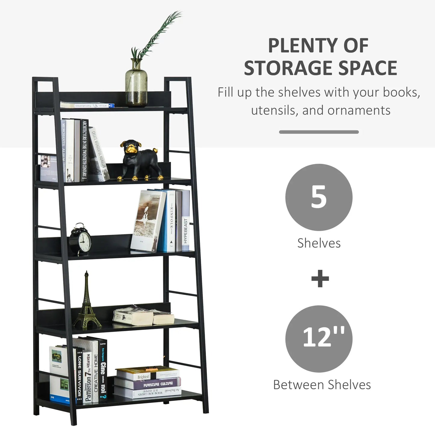 5-Tier Bookshelf, Metal Frame, Wooden Shelves, Living Room Furniture, Black Display Bookshelves at Gallery Canada