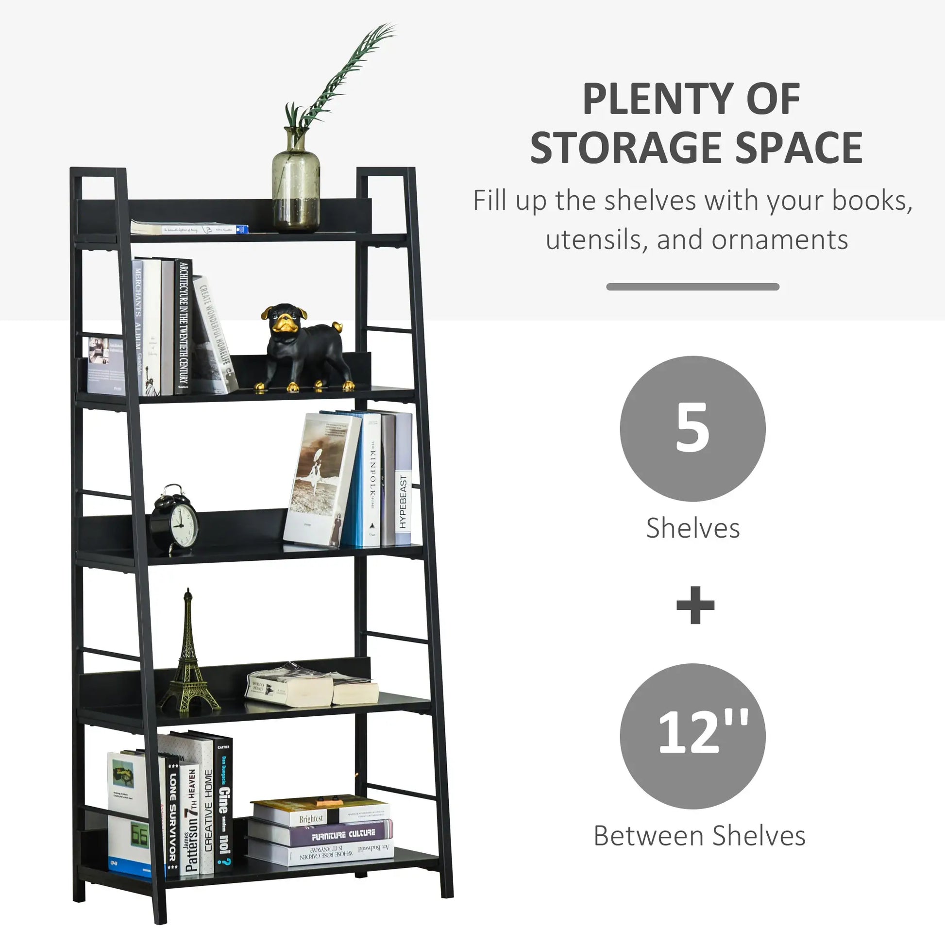 5-Tier Bookshelf, Metal Frame, Wooden Shelves, Living Room Furniture, Black Display Bookshelves at Gallery Canada