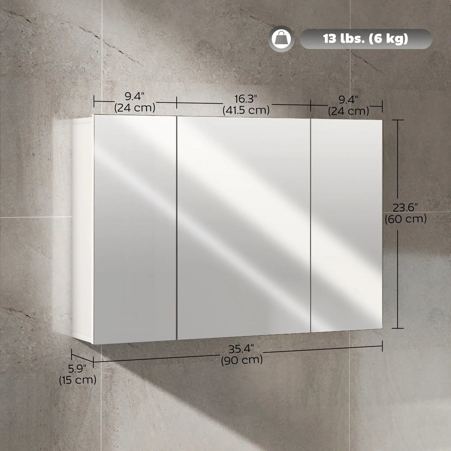 35" x 24" Wall Mounted Mirror Cabinet, 3 Doors, Adjustable Shelves, White Mirror Medicine Cabinets at Gallery Canada