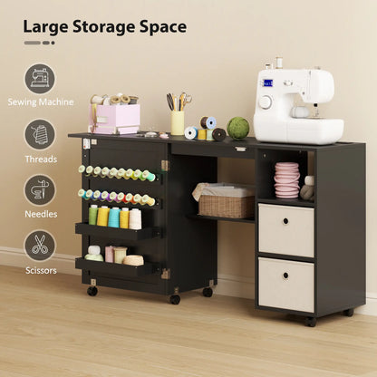 Rolling Sewing Machine Table, Folding Craft Table with Drawers, Bins, Pegs, Black Sewing Cabinets at Gallery Canada