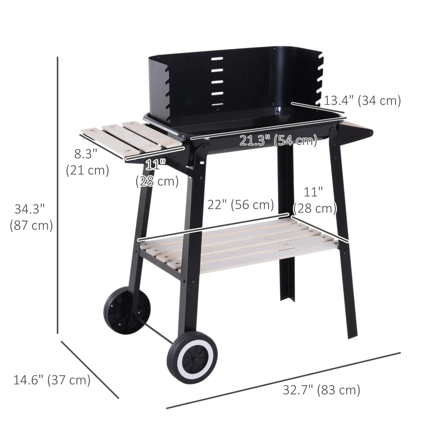 Charcoal BBQ Grill With Side Trays, Storage Shelf, Wheels