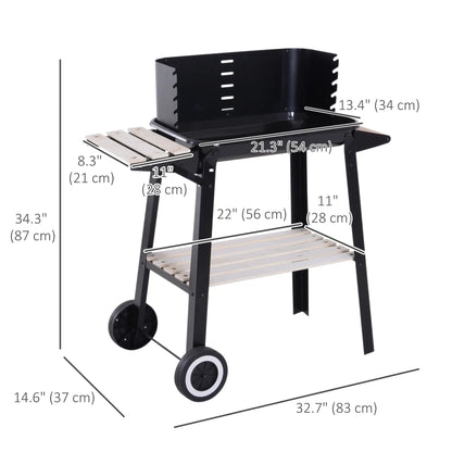 Charcoal BBQ Grill With Side Trays, Storage Shelf, Wheels