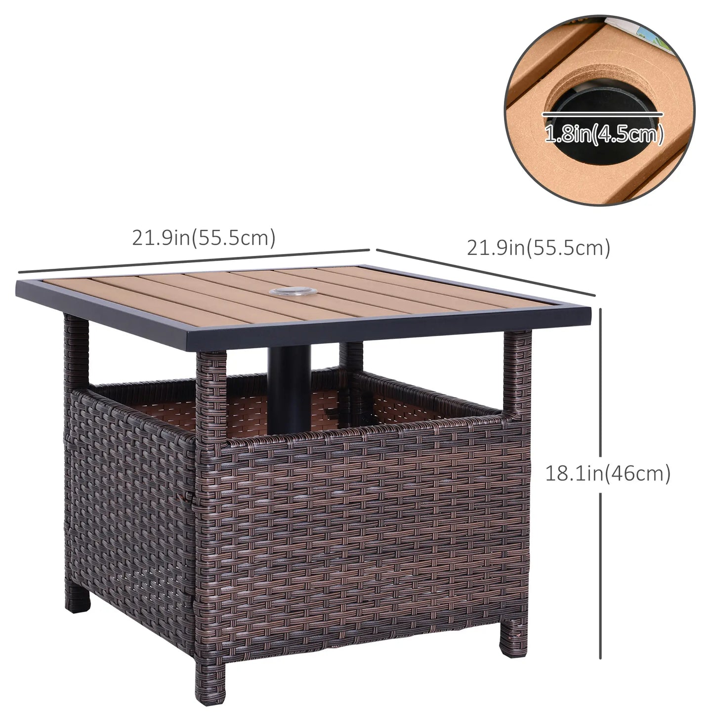 22" Square Steel Rattan Table, Umbrella Hole, Outdoor Patio, Brown Patio Side Tables at Gallery Canada