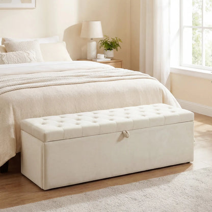 Upholstered Velvet Storage Ottoman Bench, Button Tufted, Beige Storage Ottomans & Benches at Gallery Canada