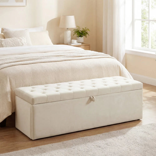 Upholstered Velvet Storage Ottoman Bench, Button Tufted, Beige