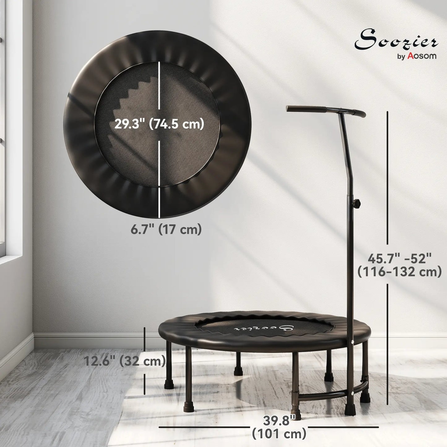 39" Mini Exercise Trampoline, Adjustable T-Bar, Indoor Fitness Rebounder, Black Trampolines at Gallery Canada