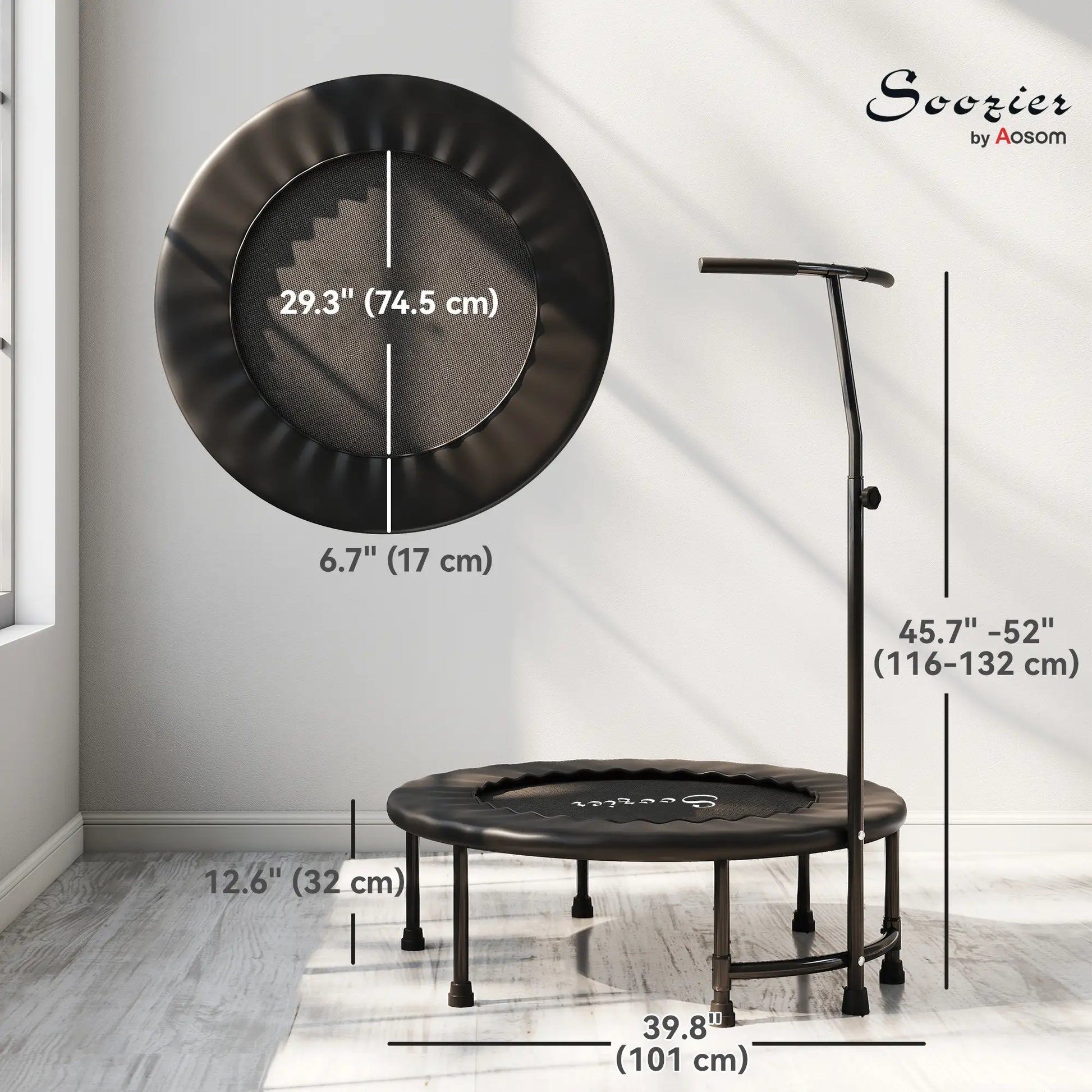 39" Mini Exercise Trampoline, Adjustable T-Bar, Indoor Fitness Rebounder, Black Trampolines at Gallery Canada