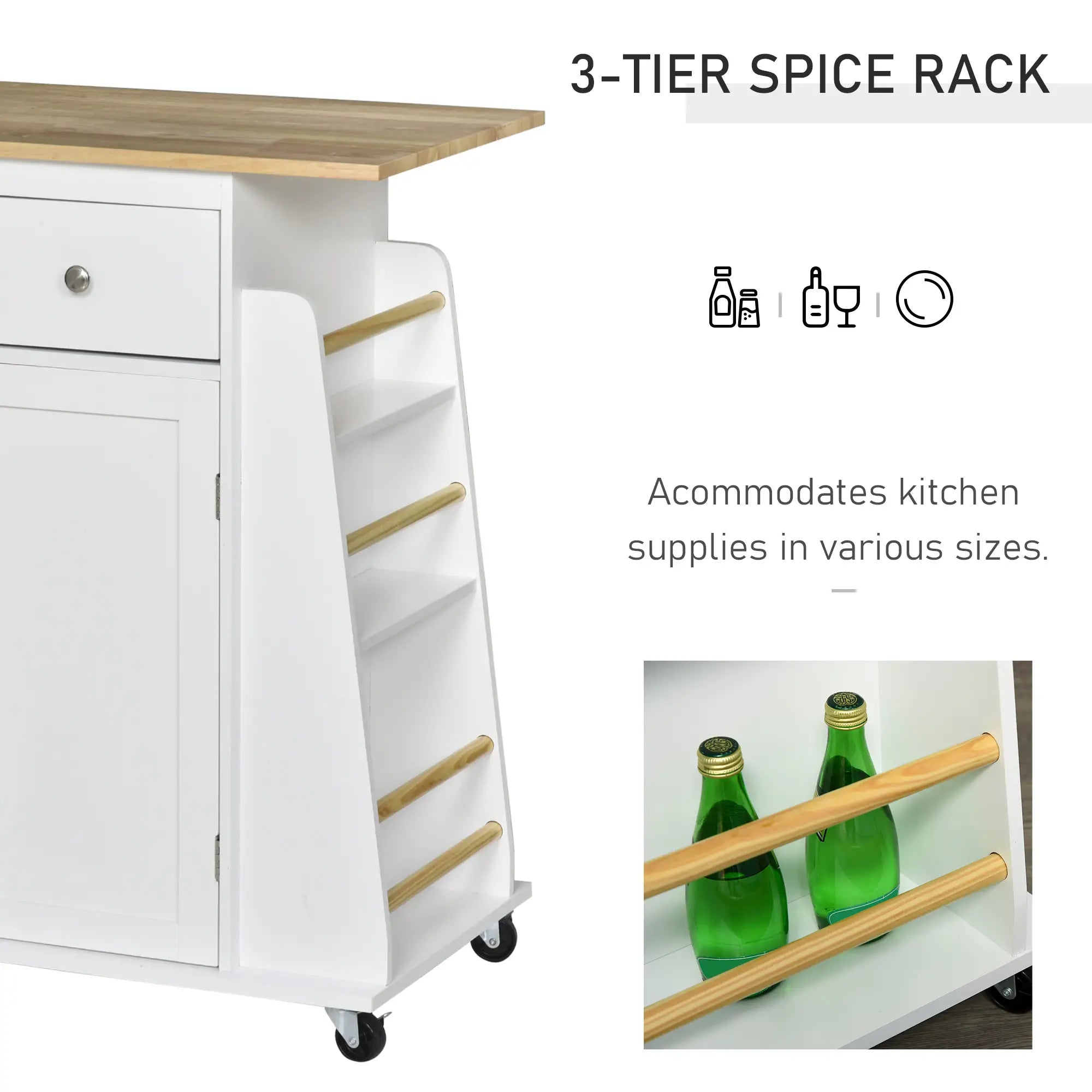 Rolling Kitchen Island Cart, Rubber Wood Top, 3-Tier Spice Rack, White Kitchen Islands & Kitchen Carts at Gallery Canada
