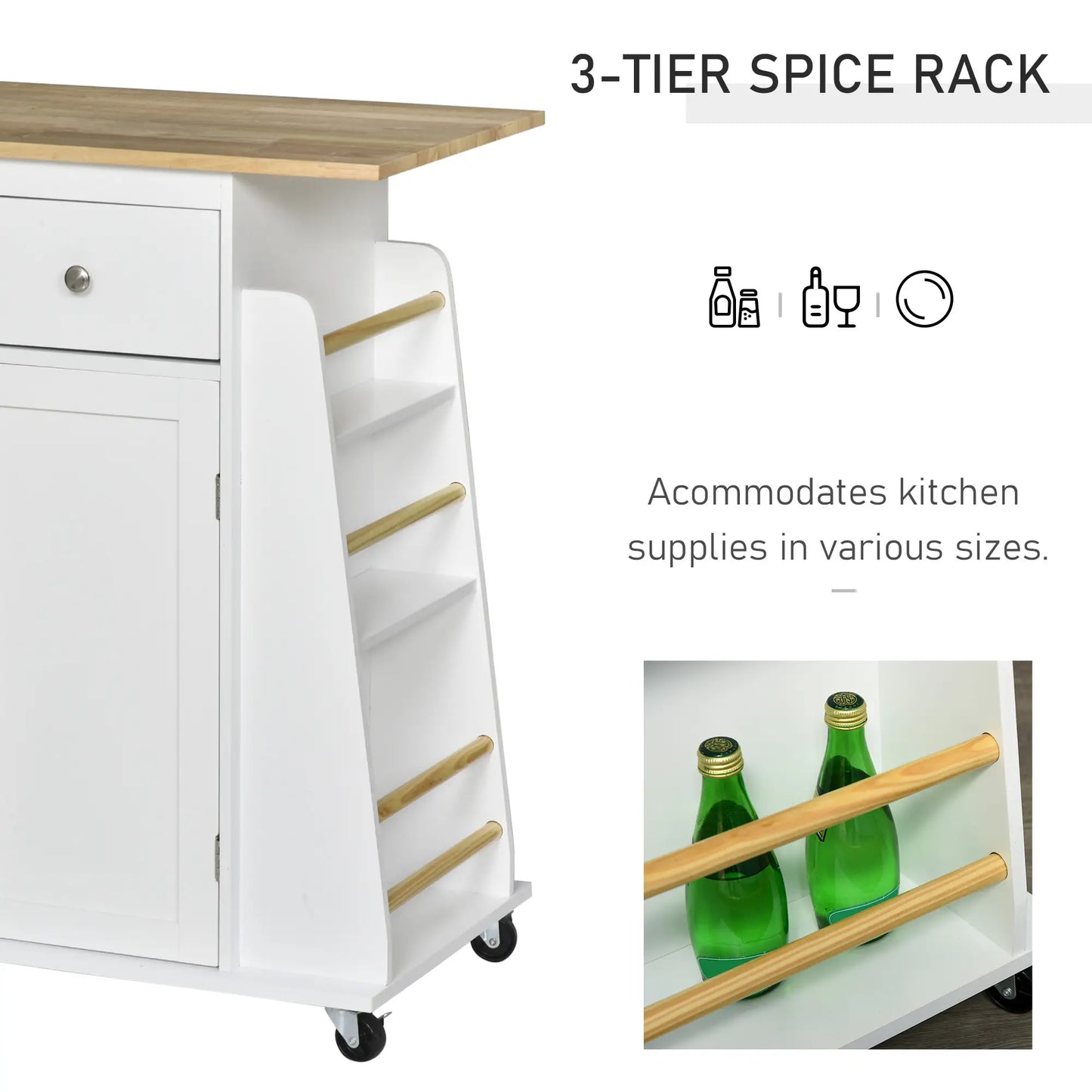 Rolling Kitchen Island Cart, Rubber Wood Top, 3-Tier Spice Rack, White Kitchen Islands & Kitchen Carts at Gallery Canada