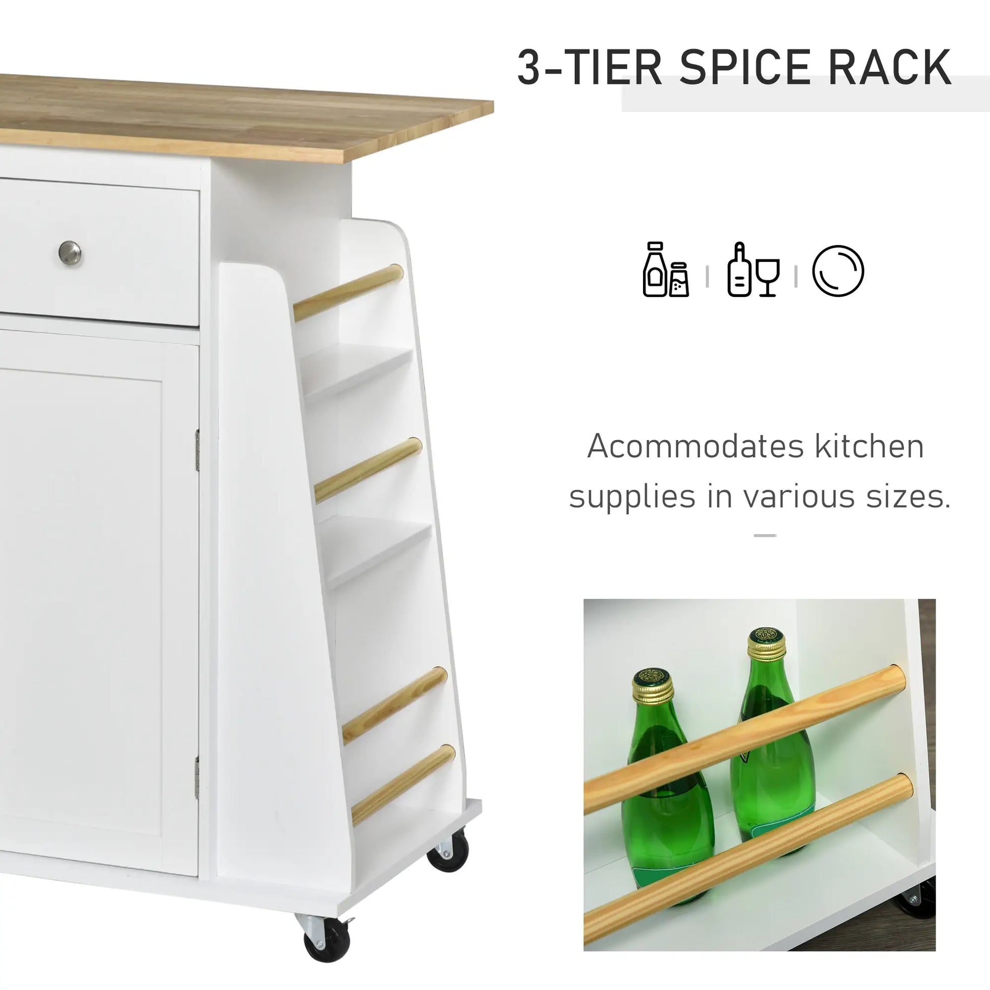 Rolling Kitchen Island Cart, Rubber Wood Top, 3-Tier Spice Rack, White Kitchen Islands & Kitchen Carts at Gallery Canada