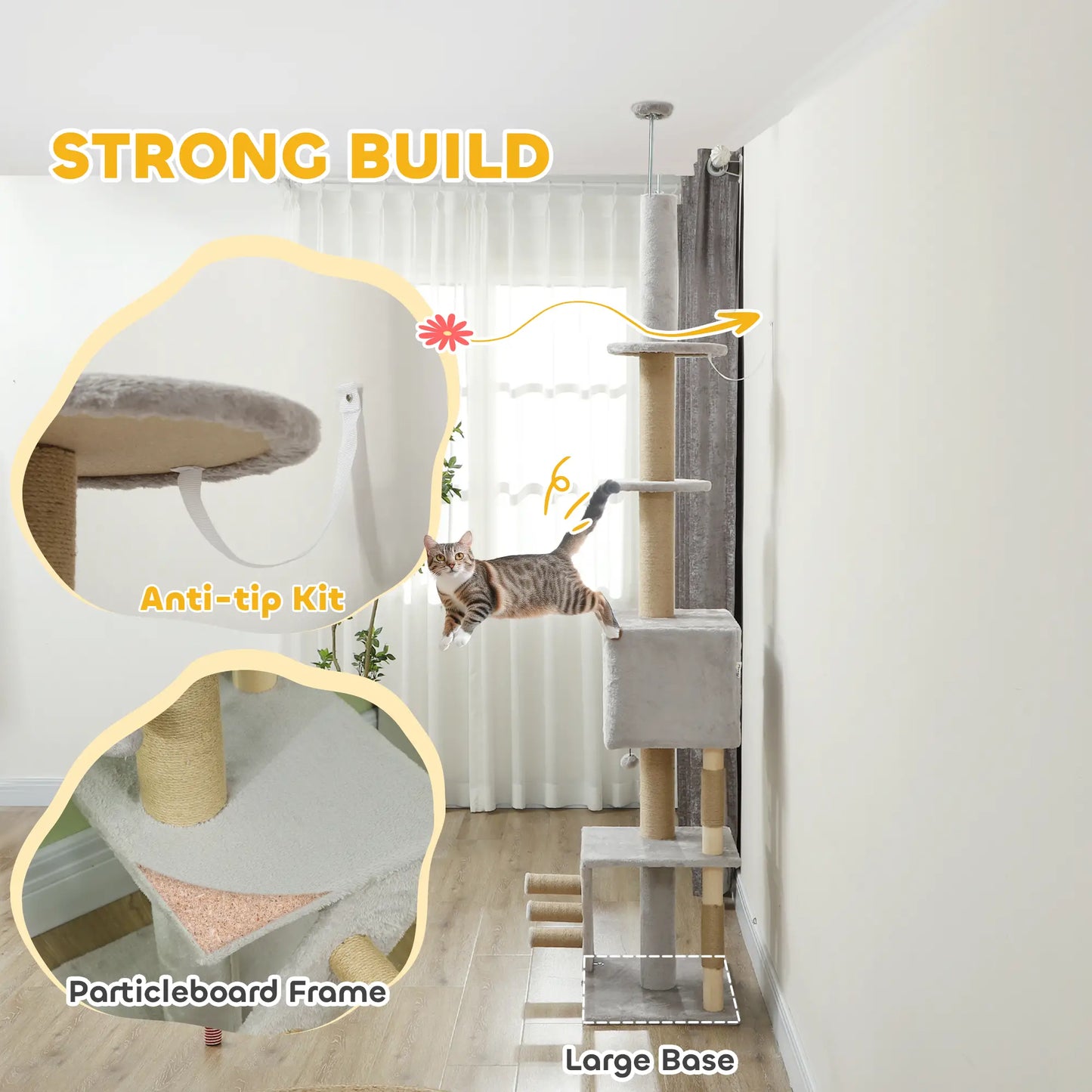 89"-104" Cat Tree, Scratching Post, Cat House, 3-Steps, Hanging Ball, Light Grey Floor to Ceiling Cat Trees at Gallery Canada