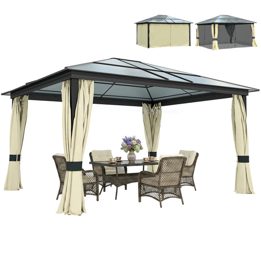 12' x 14' Hard Top Patio Gazebo, Aluminum Shelter, Curtains, Mosquito Netting Gazebos Brownish black frame, Dark brown roof, Beige curtain, black netting at Gallery Canada
