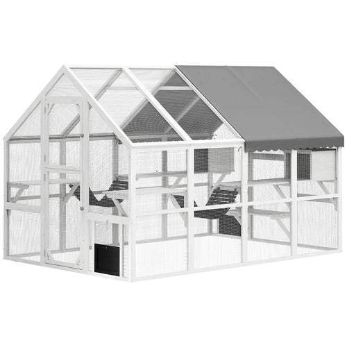 Outdoor Cat Enclosure, Wooden Feral Cat House, Weatherproof Canopy