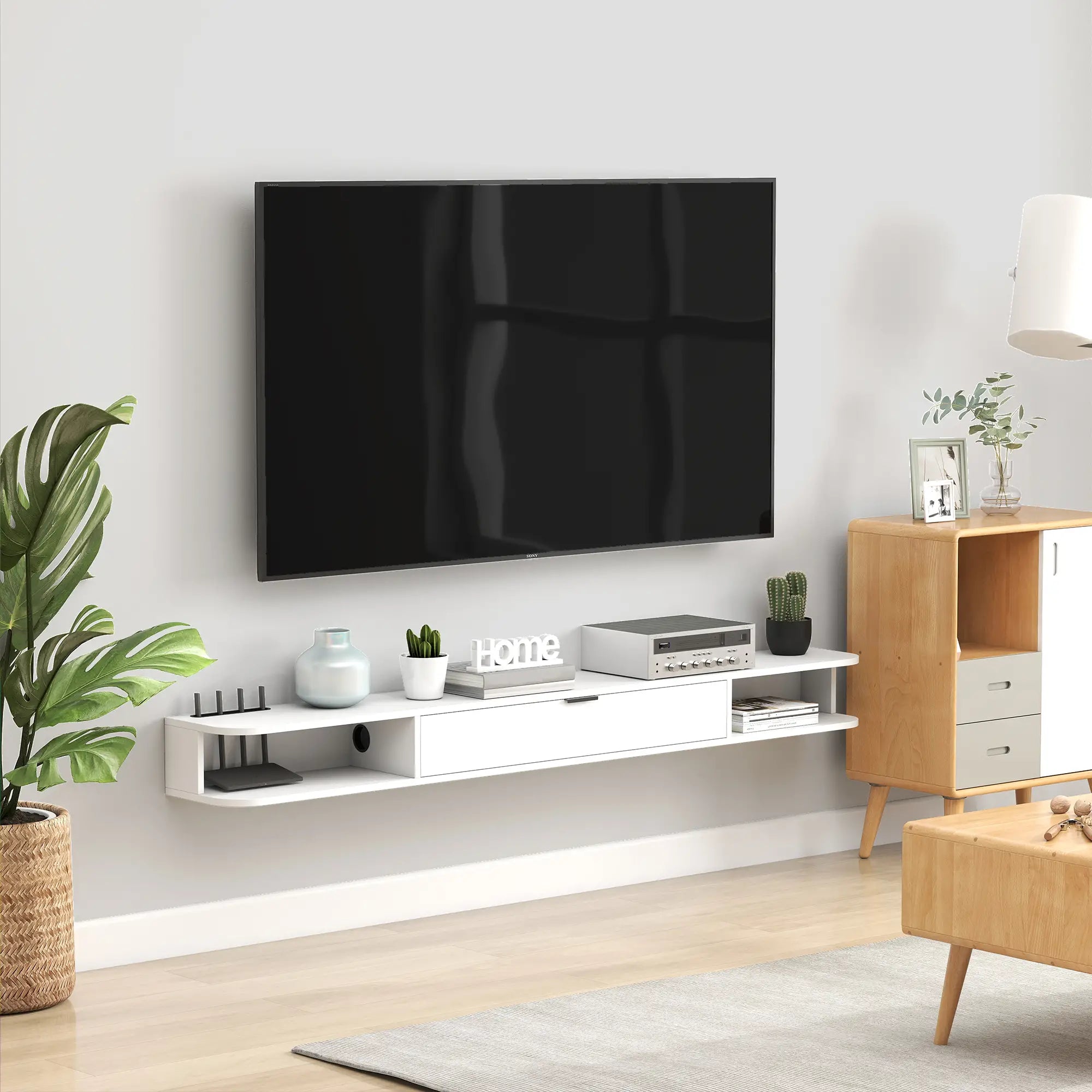 71 Inch Floating TV Stand, Wall Mounted Media Console, White TV Stands at Gallery Canada