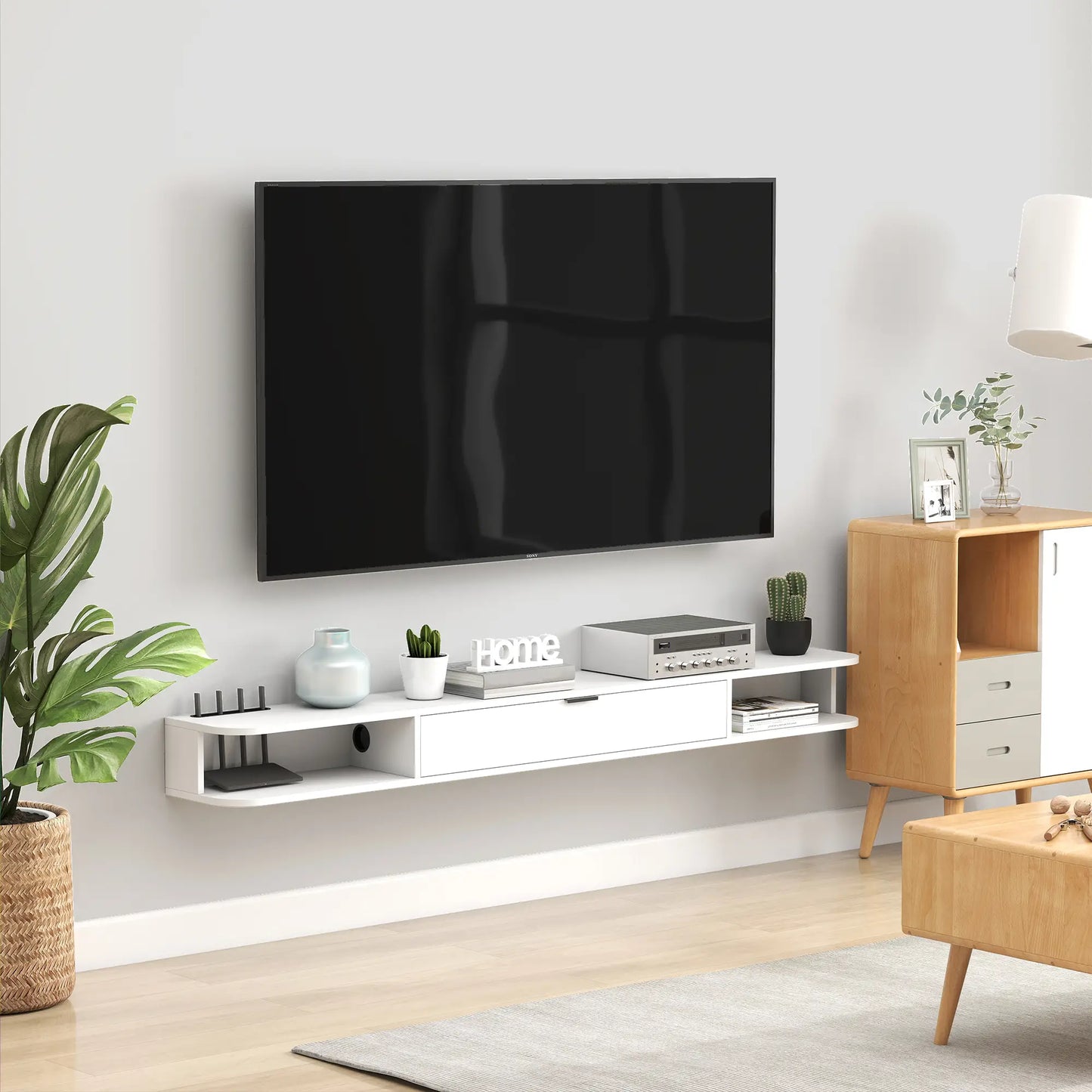 71 Inch Floating TV Stand, Wall Mounted Media Console, White TV Stands at Gallery Canada