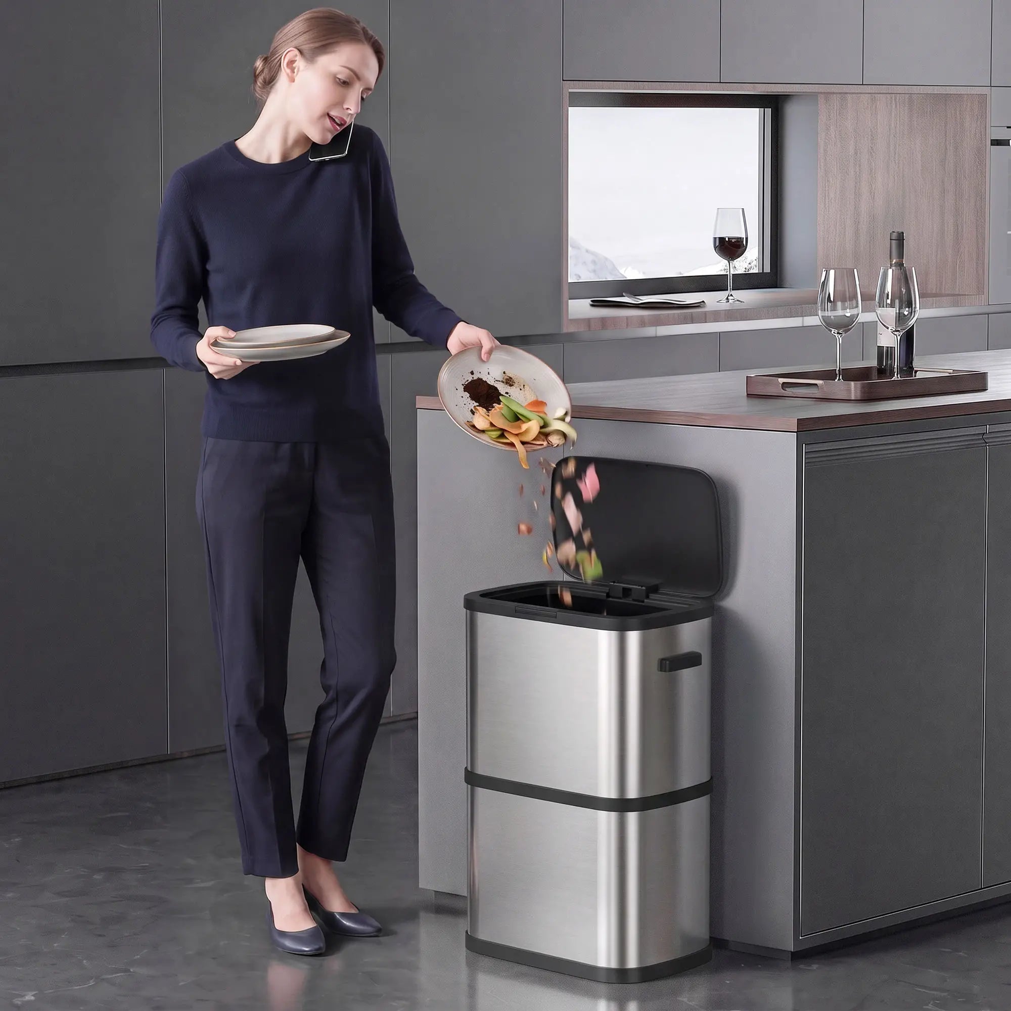 60 L Slim Stainless Steel Trash Can, Soft-Close Lid, Silver Kitchen Trash Cans at Gallery Canada