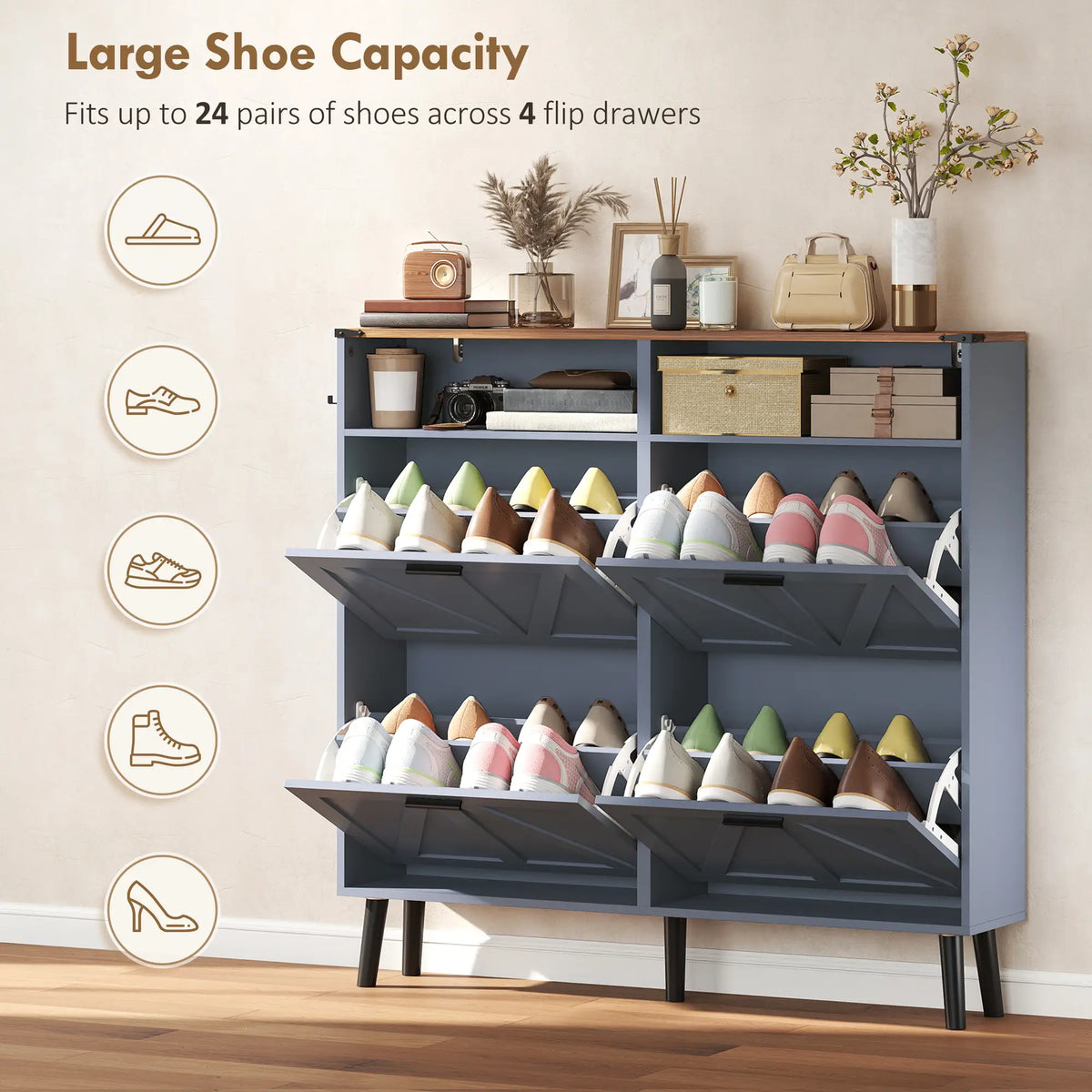 Shoe Storage Cabinet, 4 Flip Drawers, Farmhouse Narrow, Holds 24 Pairs, Blue Shoe Storage Cabinets & Racks at Gallery Canada