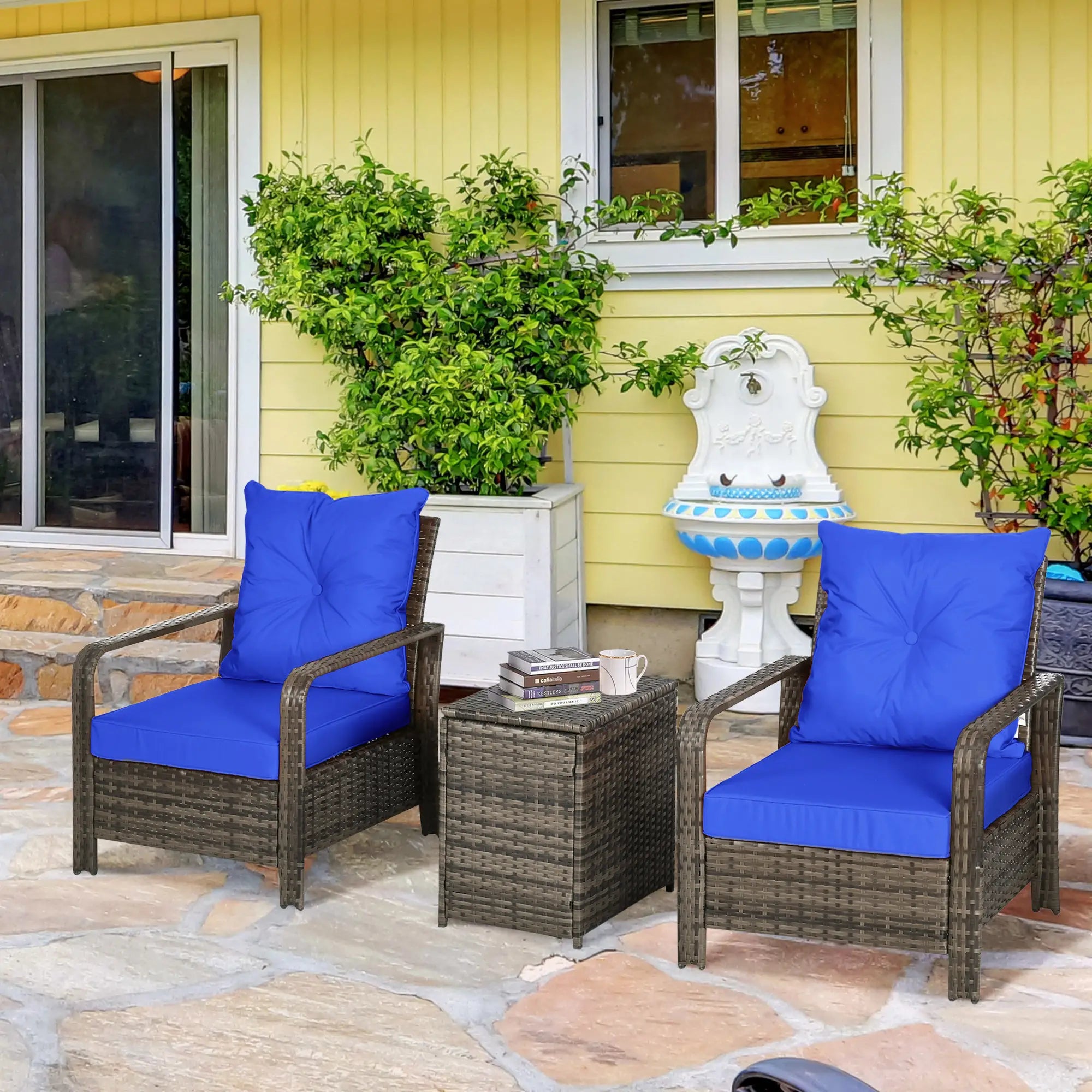 3-Piece Wicker Patio Set, Rattan Bistro with Storage Table, Thickened Cushions, Blue Bistro Sets at Gallery Canada
