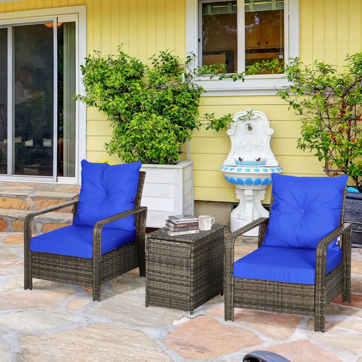 3-Piece Wicker Patio Set, Rattan Bistro with Storage Table, Thickened Cushions, Blue Bistro Sets at Gallery Canada