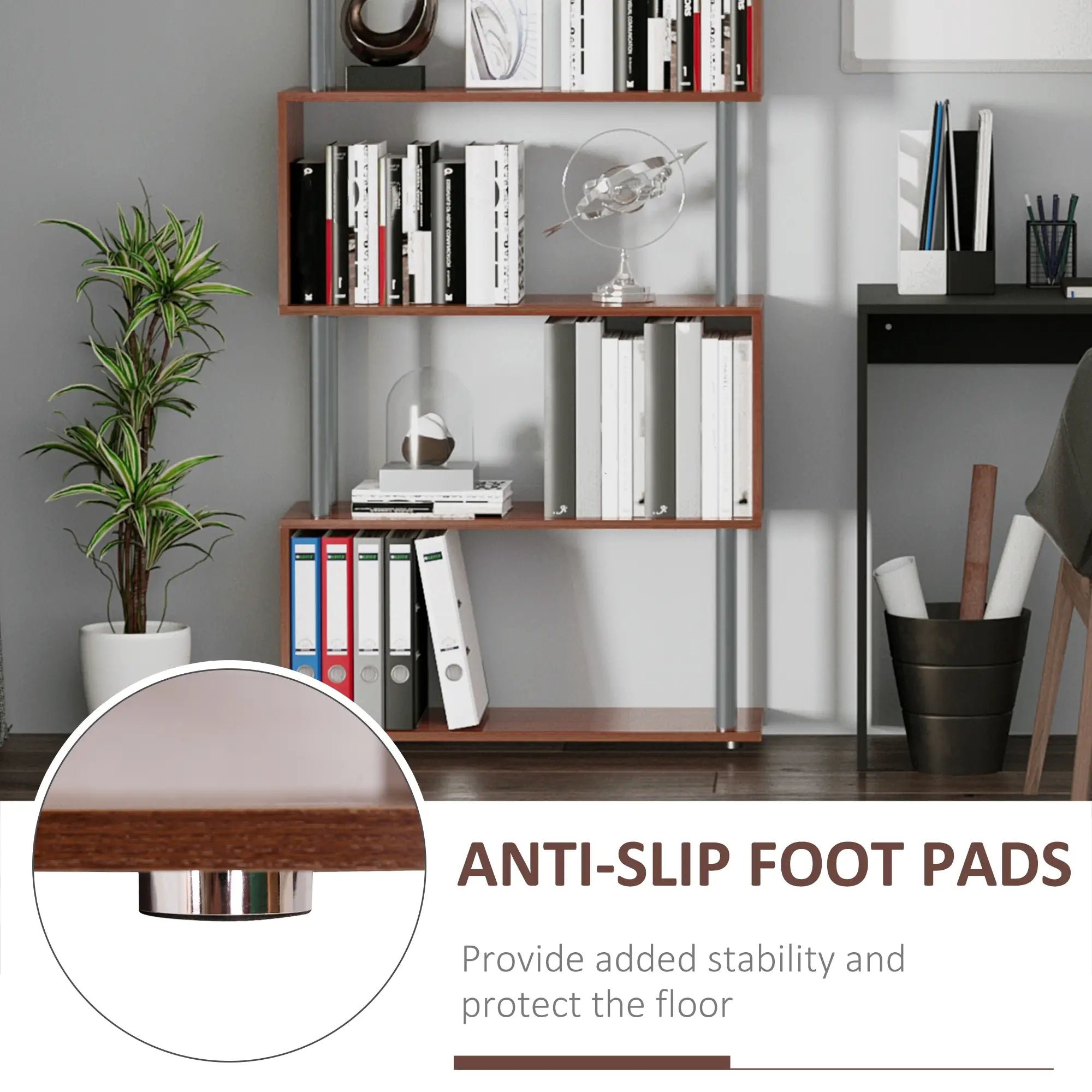 5-Tier Geometric Wooden Bookcase, S-Shaped Storage, Walnut Display Bookshelves at Gallery Canada