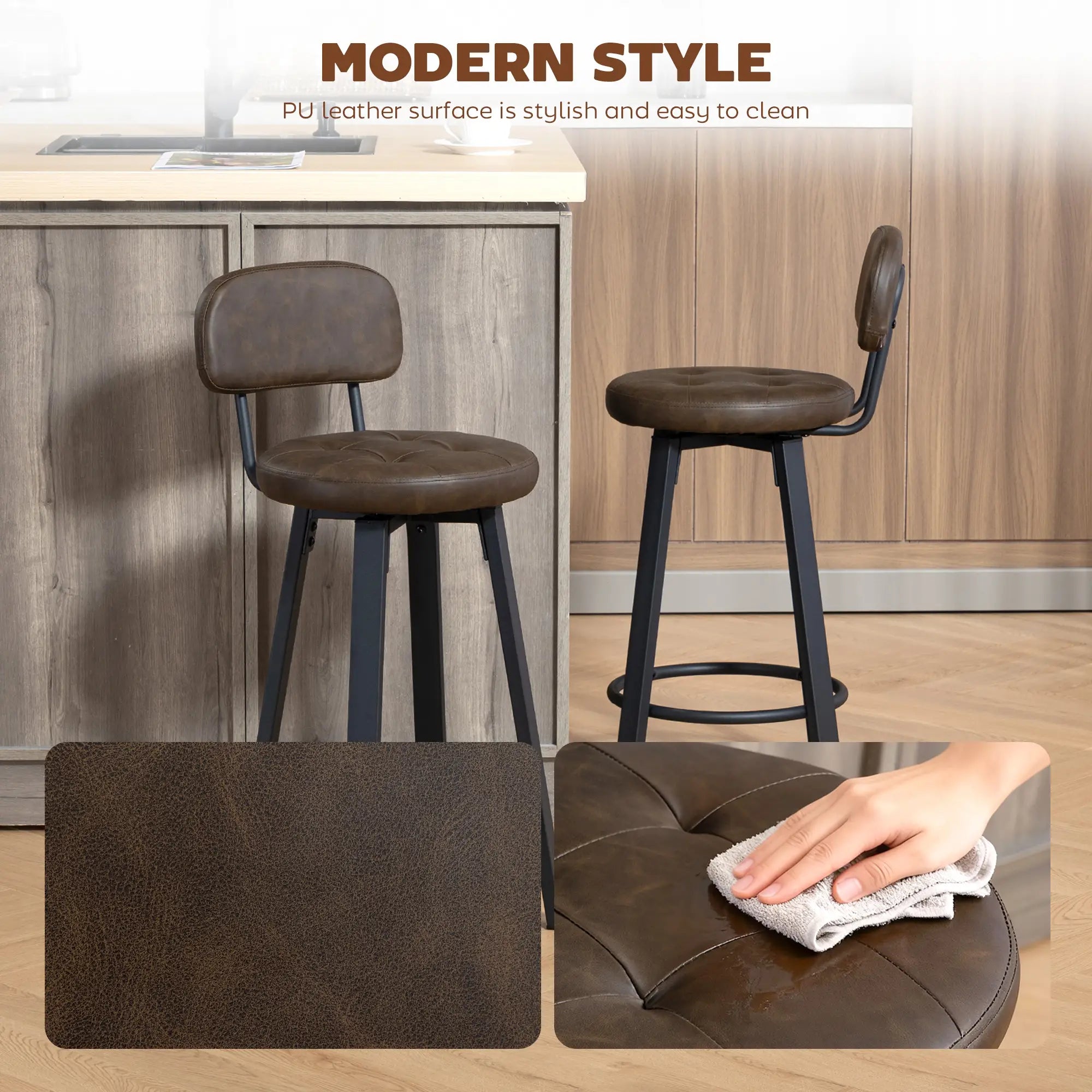 Upholstered Bar Stools Set Of 2, With Footrest And Backrest, Brown Bar Stools at Gallery Canada