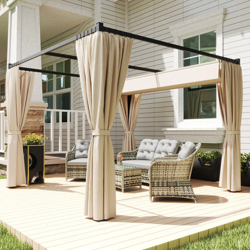 10' x 10' Retractable Pergola, Garden Gazebo with Curtains, Beige