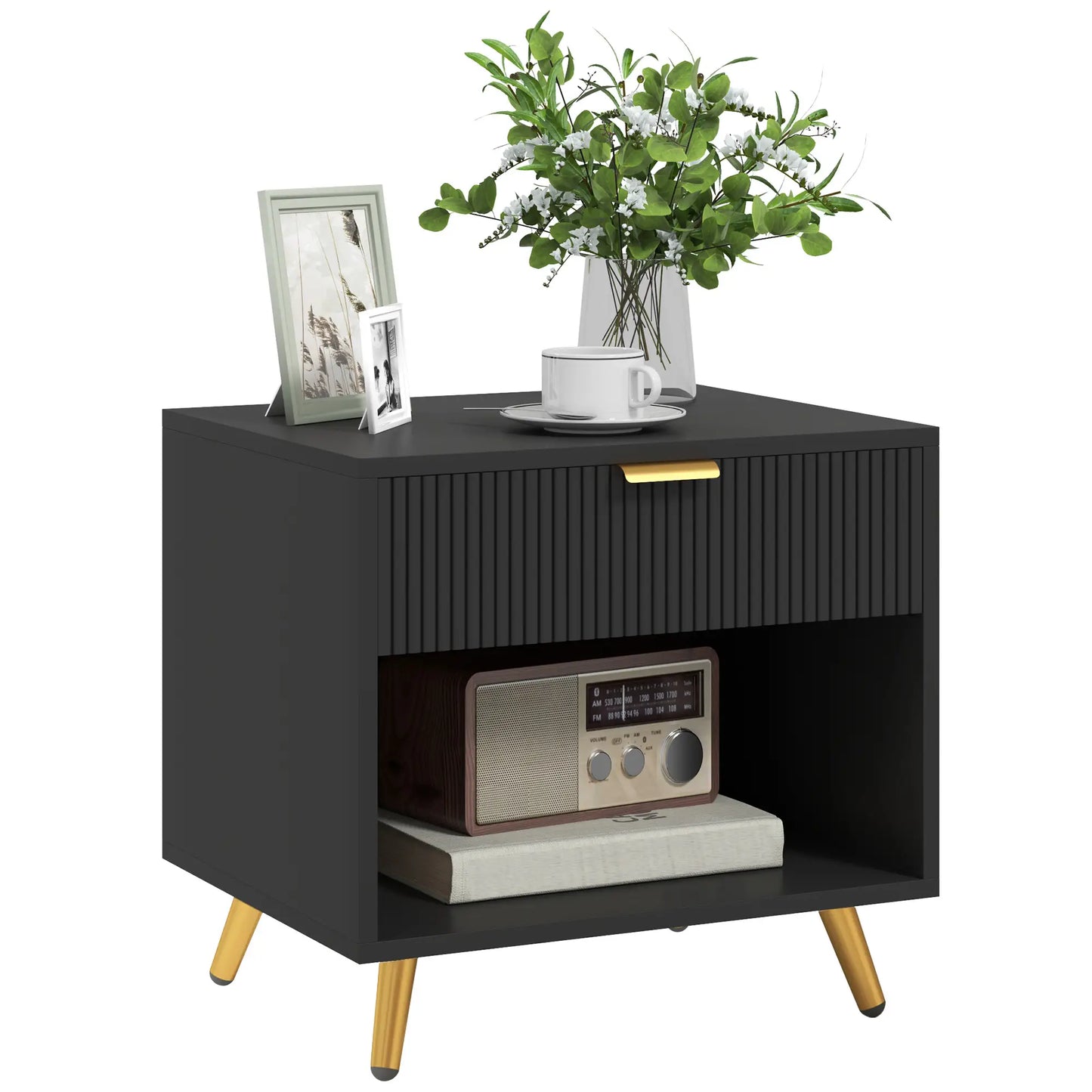 Modern Nightstand with Drawer, Open Compartment, Black Bedside Tables Black at Gallery Canada