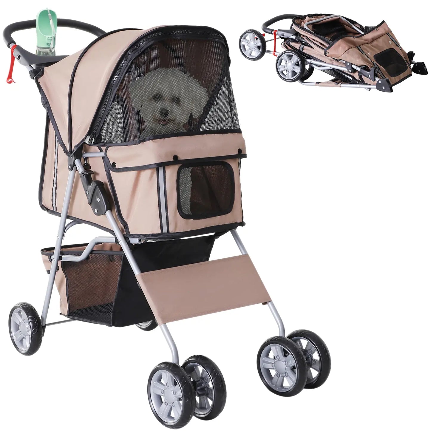 4 Wheel Dog Pet Stroller, Folding Sunshade Canopy, Brake, Safety Leash, Cup Holder, Brown Dog Bike Trailers & Strollers Brown at Gallery Canada