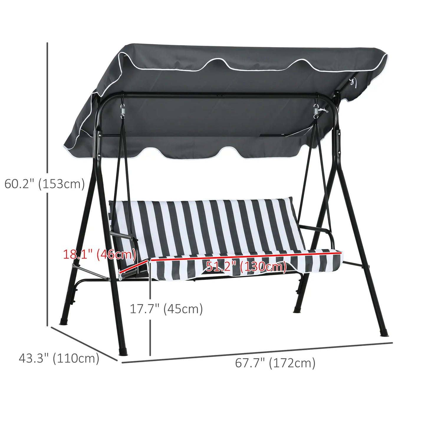 3-Seater Outdoor Porch Swing, Adjustable Canopy, White, Grey Patio Swings with Stand at Gallery Canada