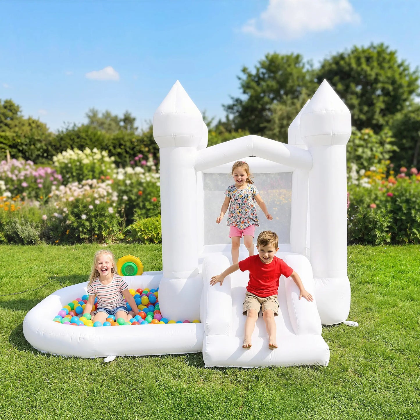 Inflatable Bouncy Castle, 3-in-1 Bounce House with Slide, Ball Pit, 370W Blower, White Inflatables at Gallery Canada