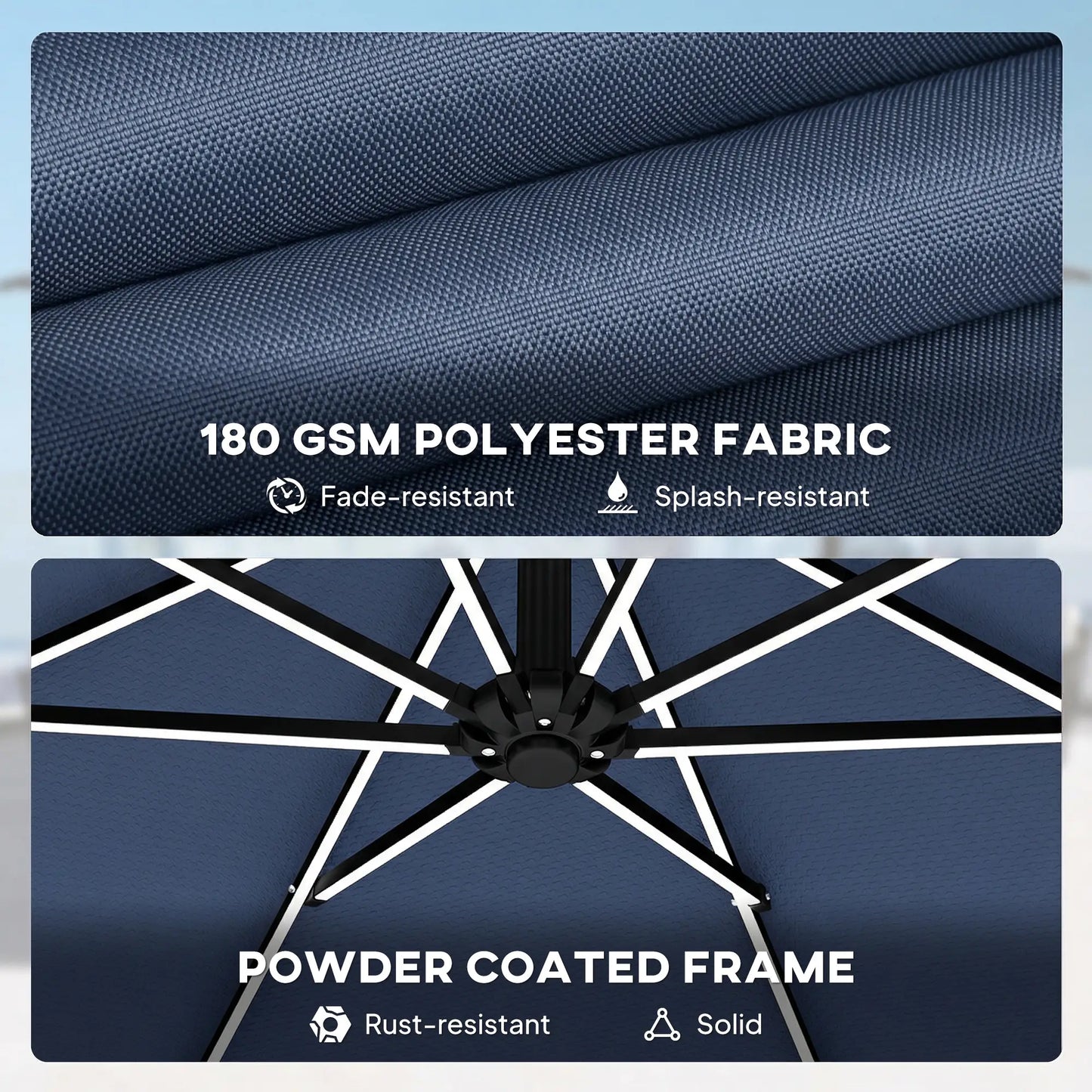 10 ft Offset Patio Umbrella, Solar Light, 360° Rotation, Tilt, Cover, Navy Blue Offset Cantilever Umbrellas at Gallery Canada
