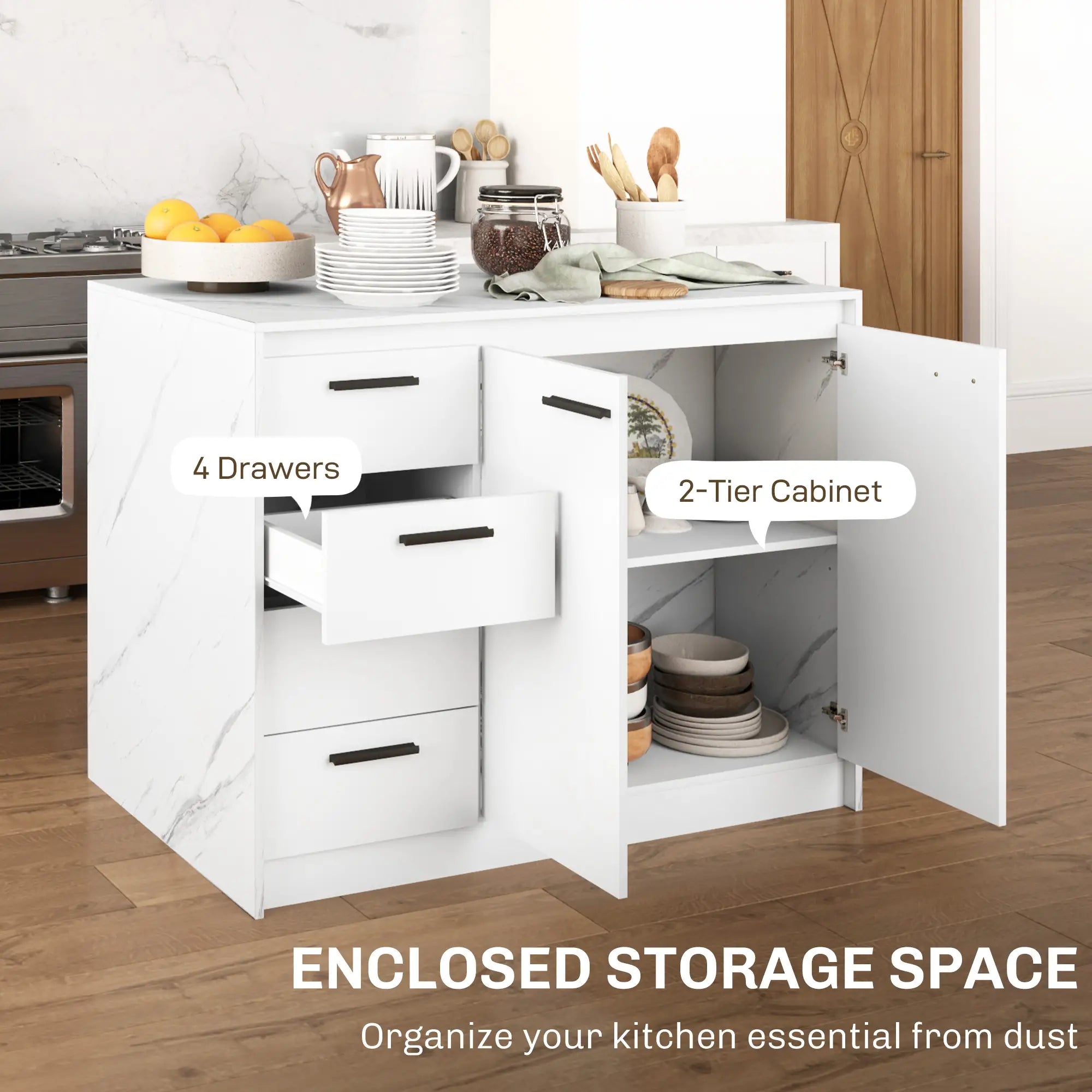 Kitchen Island, Storage Cabinet, 4 Drawers, Adjustable Shelf, Faux Marble, White Kitchen Islands & Kitchen Carts at Gallery Canada