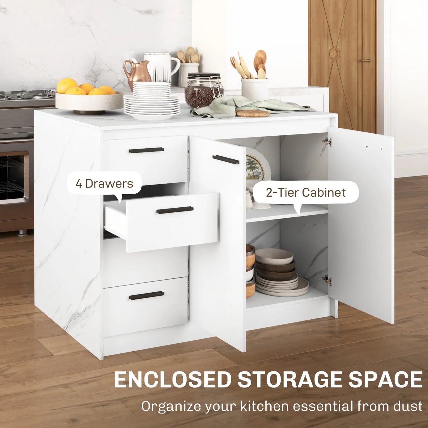 Kitchen Island, Storage Cabinet, 4 Drawers, Adjustable Shelf, Faux Marble, White Kitchen Islands & Kitchen Carts at Gallery Canada