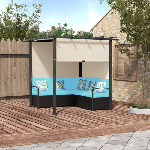 Outdoor Rattan Sofa Set with Canopy, Patio Furniture, Turquoise