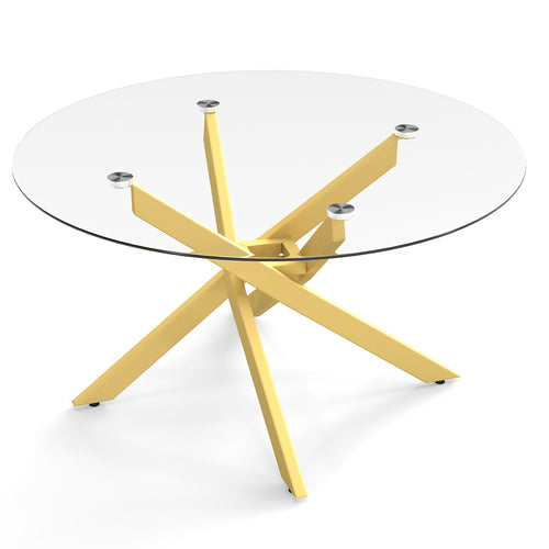 Round Glass Coffee Table, Tempered Glass Top, Golden