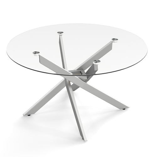 Round Glass Coffee Table, Tempered Glass Top, Silver